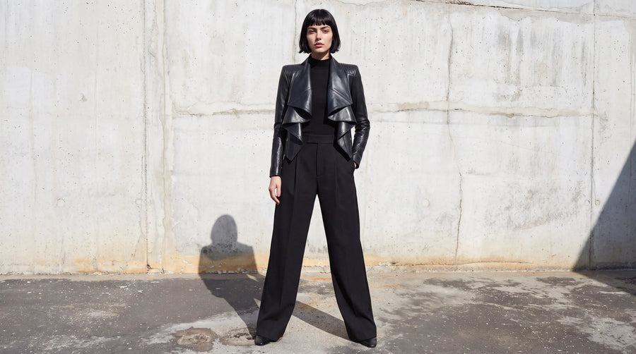 Designer Lederjacke Damen in Schwarz mit markanter Volant-Silhouette, kombiniert mit schwarzer weit geschnittener Hose.