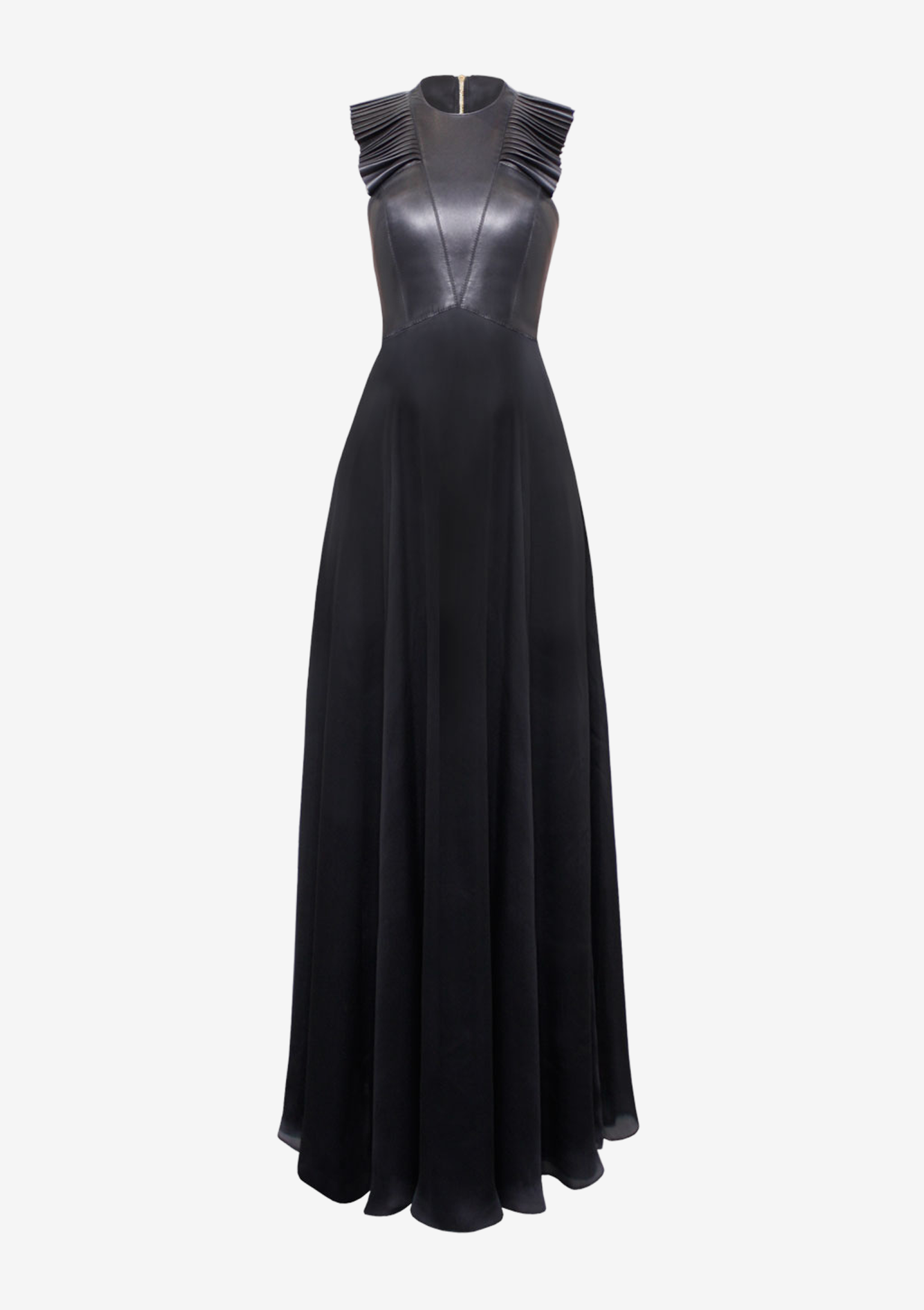 Abendkleid mit Plissee-Flügeln - mit-Falten aus schwarzer Seide und schwarzem Leder, von Designer Stefan Eckert aus Hamburg-1