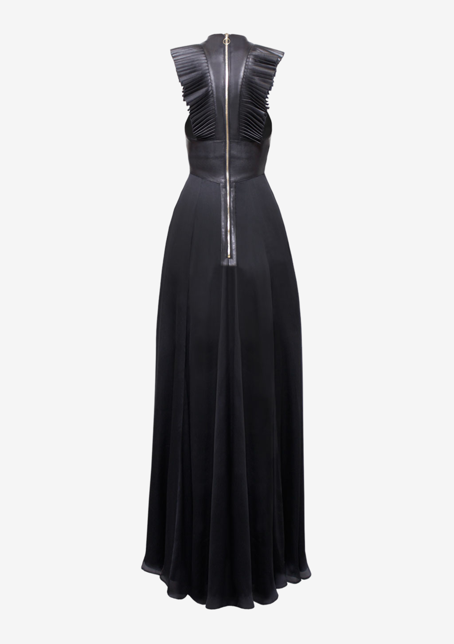 Abendkleid mit Plissee-Flügeln - mit-Falten aus schwarzer Seide und schwarzem Leder, von Designer Stefan Eckert aus Hamburg-1