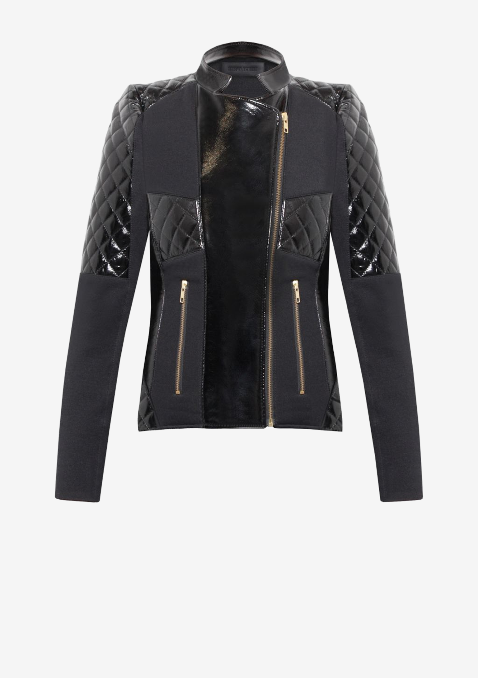 Bikerjacke Lackleder - Lack-Lederjacke-Bikerjacke-Damen-schwarz-mit-Wabensteppung-aus-Lammleder, in Farbe schwarz, -von-Modedesigner-Stefan-Eckert-aus-Hamburg,1