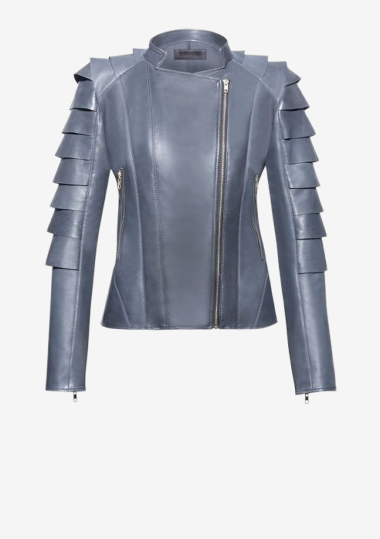 Schiefergraue Designer Biker Lederjacke für Damen aus Lammleder mit Schuppenärmeln und matt goldenen Reißverschlüssen von Stefan Eckert.
