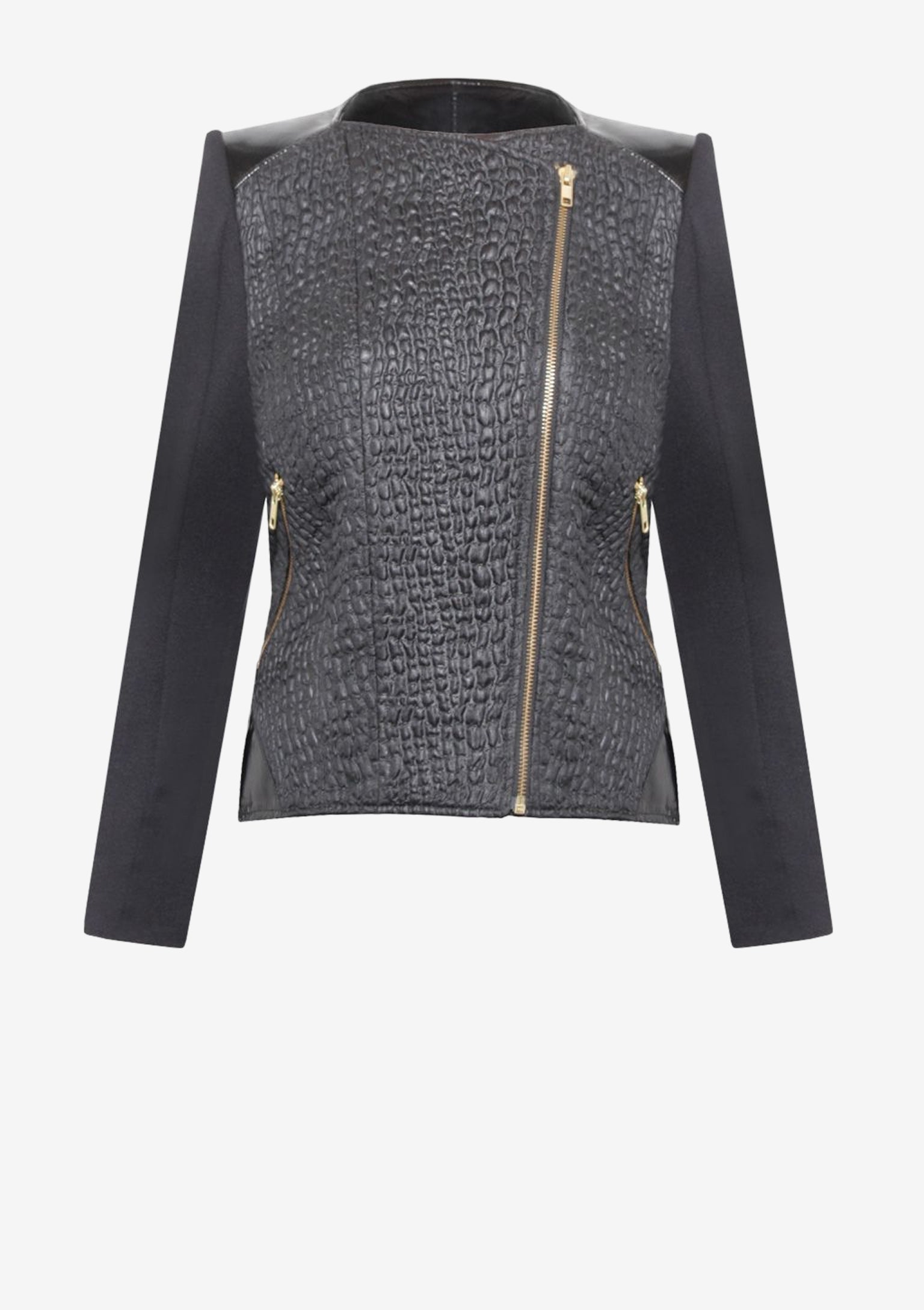 Bikerjacke für Damen mit Lackleder-Passe, Kroko-Quilt-Look und asymmetrischem Reißverschluss von Designer Stefan Eckert