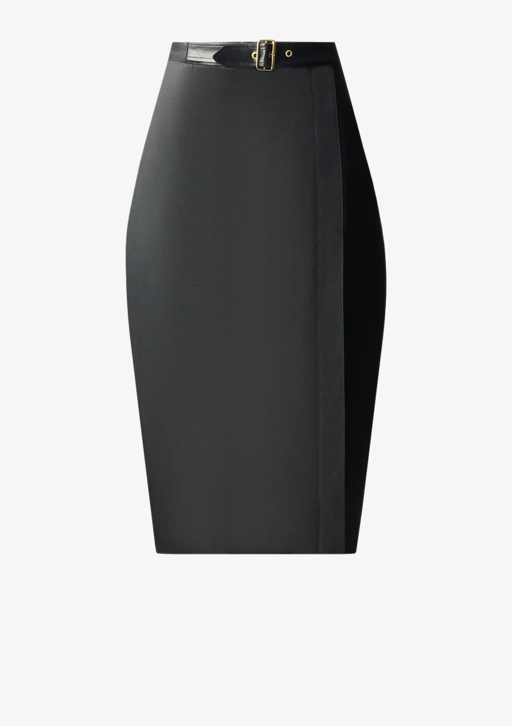 Bleistiftrock mit Falte im Vorderteil und Lederbund von Designer Stefan Eckert. Erhältlich in Hamburg, London, New York, London und Paris. Pencil skirt with long front slit and leather waistband by designer Stefan Eckert. Available in Hamburg, London, New York, London and Paris.