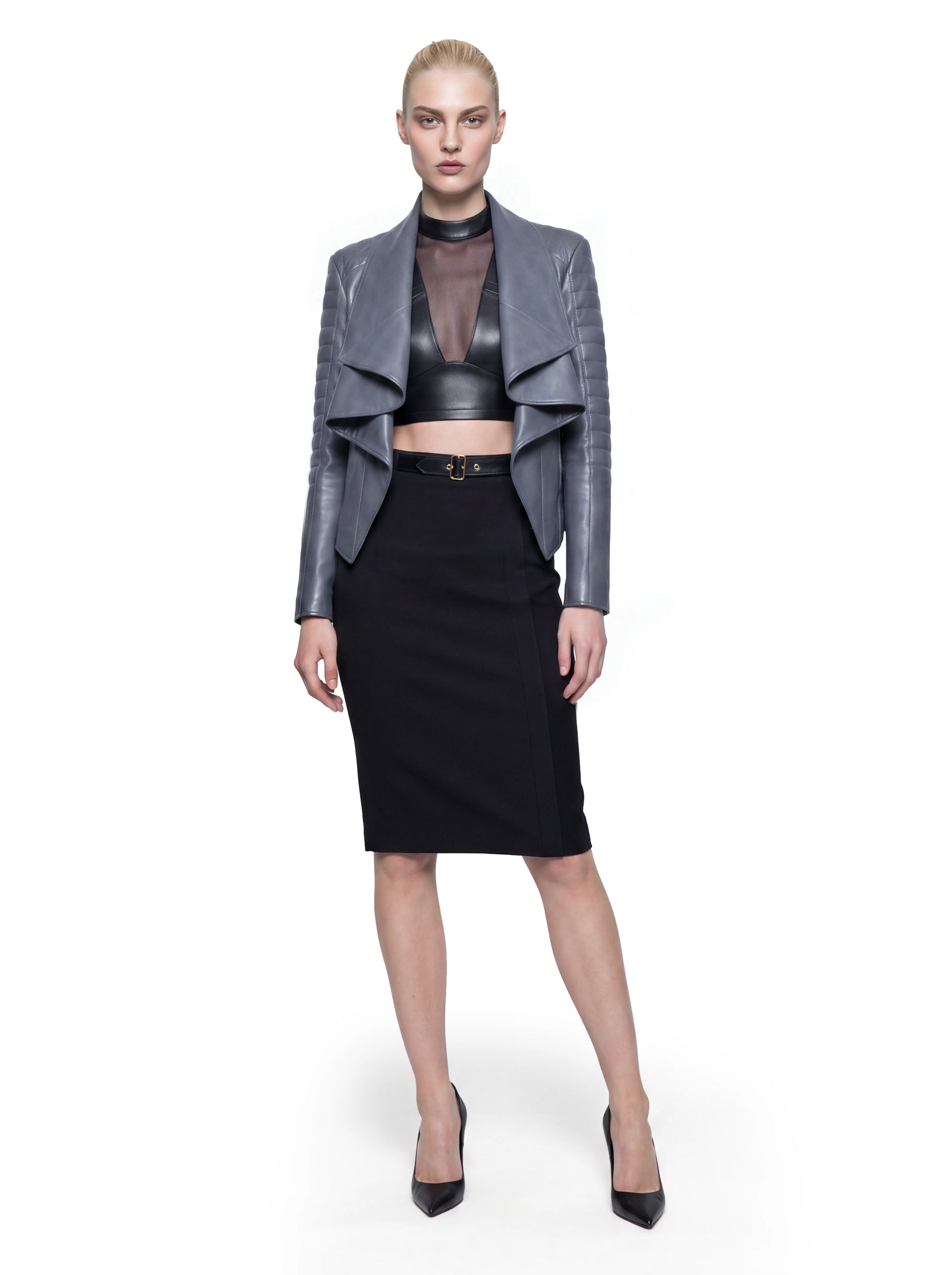 Luxus Designer Bleistiftrock für Damen in Schwarz mit knielanger, figurbetonter Silhouette und elegantem Lederbund mit goldfarbener Schnalle.