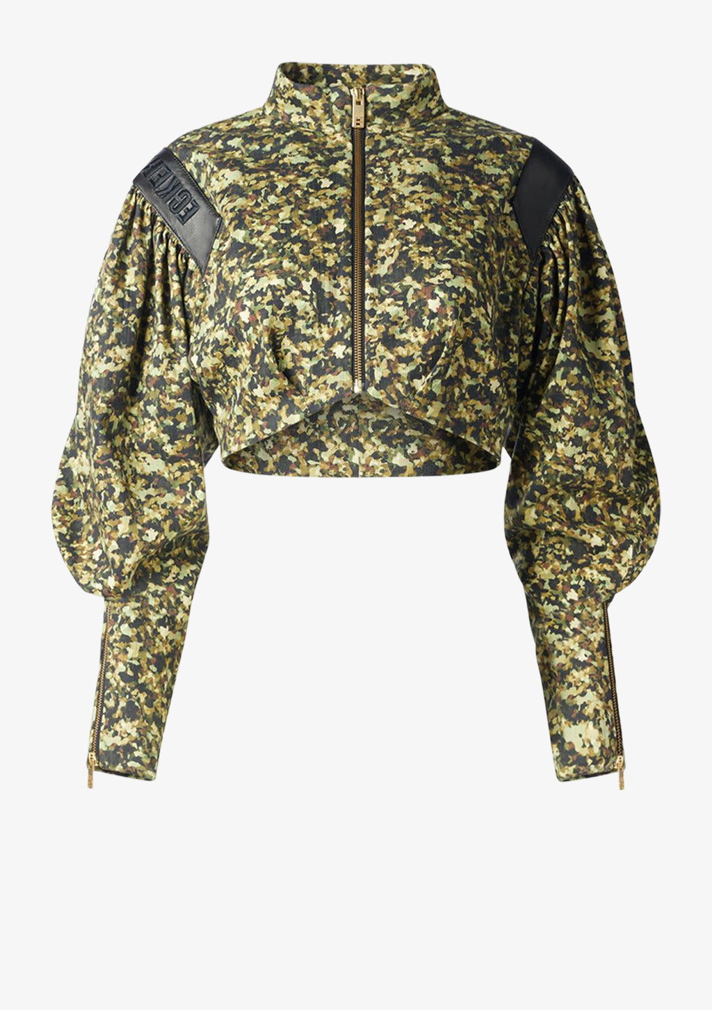 Camouflage Jacke kurz von Designer Stefan Eckert mit Puffärmeln und Reißverschluss in gold. Erhältlich in Hamburg, London, New York, London und Paris. Camouflage jacket short by designer Stefan Eckert with puff sleeves and zipper in gold. Available in Hamburg, London, New York, London and Paris.