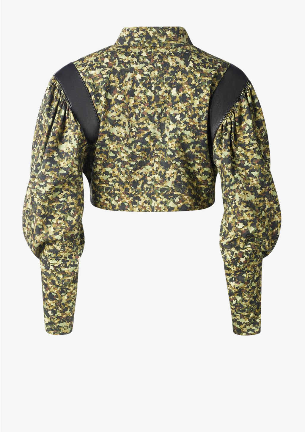 Camouflage Jacke kurz von Designer Stefan Eckert mit Puffärmeln und Reißverschluss in gold. Erhältlich in Hamburg, London, New York, London und Paris. Camouflage jacket short by designer Stefan Eckert with puff sleeves and zipper in gold. Available in Hamburg, London, New York, London and Paris.