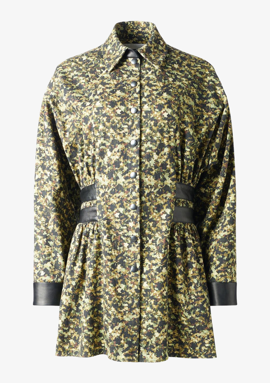 Oversize Camouflage Kleid aus Baumwolle mit langen Ärmeln und Ledermanschetten von Designer Stefan Eckert. Erhältlich in Hamburg, London, New York, London und Paris. Oversize cotton camouflage dress with long sleeves and leather cuffs by designer Stefan Eckert. Available in Hamburg, London, New York, London and Paris.