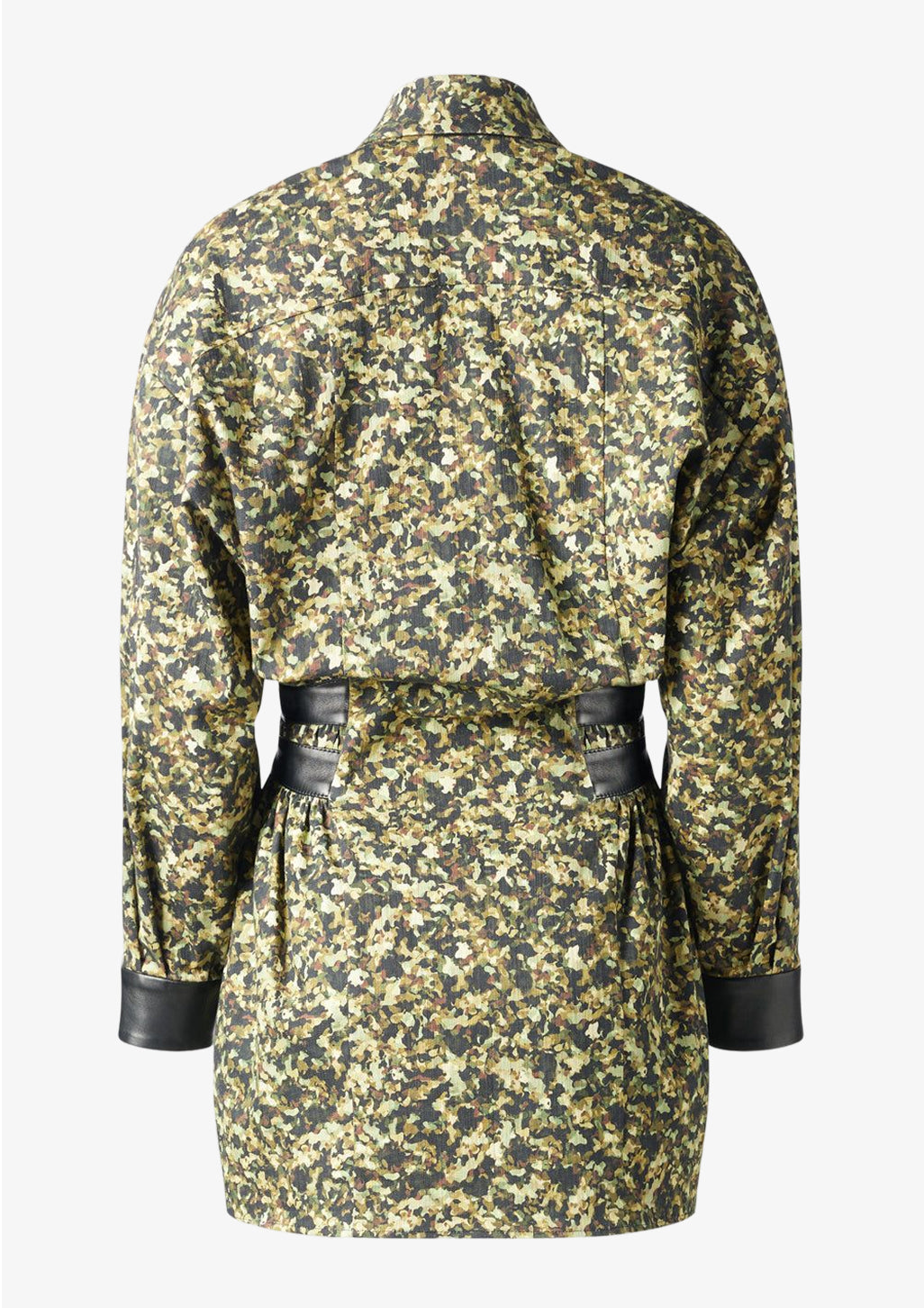 Oversize Camouflage Kleid aus Baumwolle mit langen Ärmeln und Ledermanschetten von Designer Stefan Eckert. Erhältlich in Hamburg, London, New York, London und Paris. Oversize cotton camouflage dress with long sleeves and leather cuffs by designer Stefan Eckert. Available in Hamburg, London, New York, London and Paris.