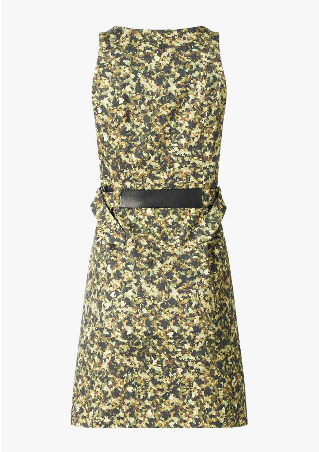 Camouflage Minikleid mit Ledergürtel von Designer Stefan Eckert. Erhältlich in Hamburg, London, New York, London und Paris. Sheath dress camouflage with leather belt by designer Stefan Eckert. Available in Hamburg, London, New York, London and Paris.