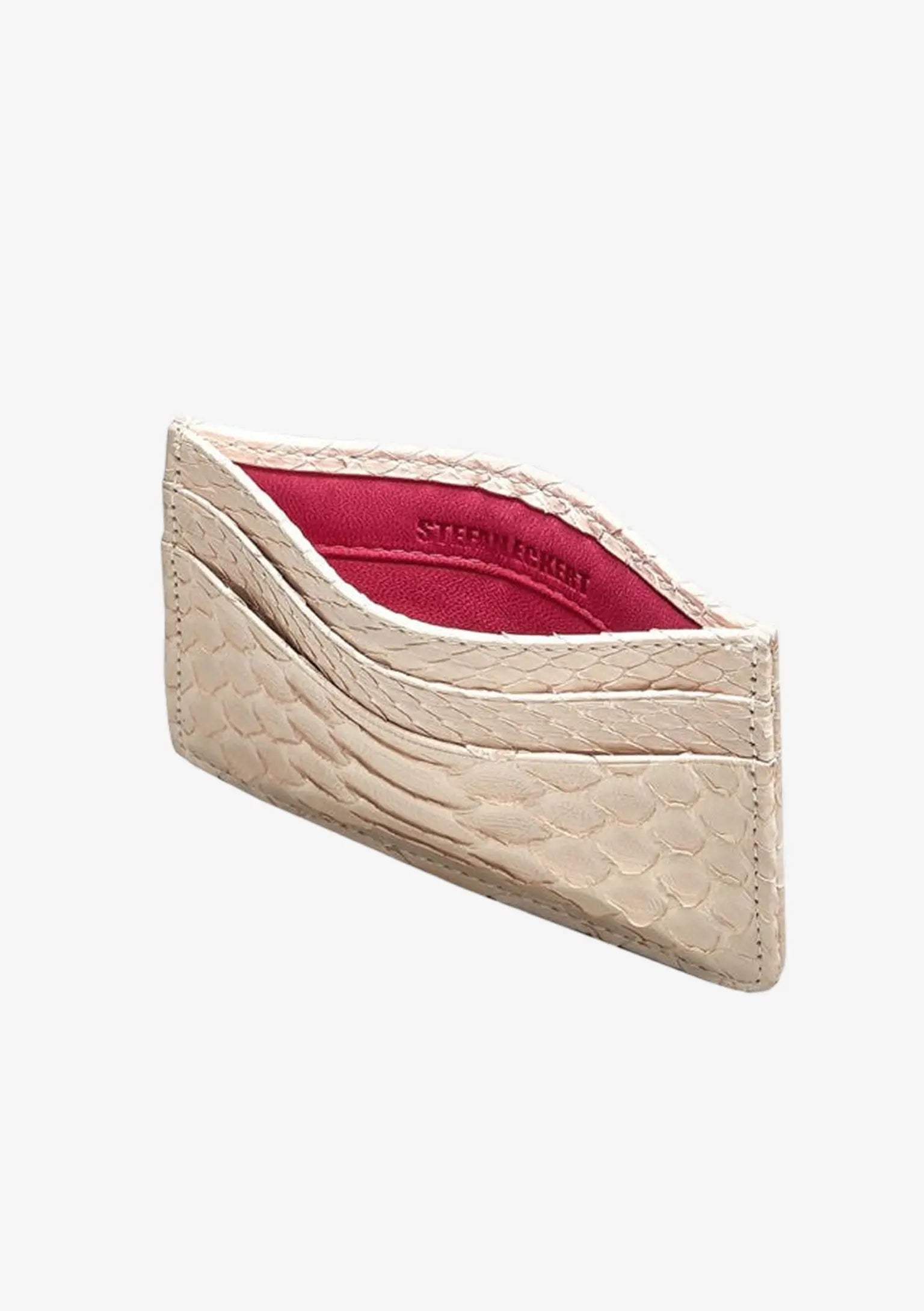 Exklusiver Designer Cardholder aus Pythonleder in Nude mit kontrastierendem Lammleder, mehreren Kartenfächern und schlankem Design.