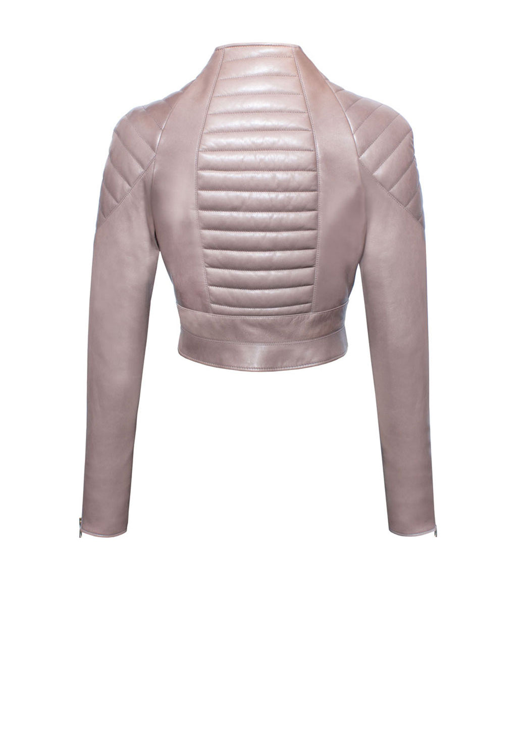 Roséfarbene Luxus Designer Lederjacke in kurzer Silhouette mit markanter Steppung am Rücken und an den Schultern sowie breitem, klar definiertem Saumabschluss.