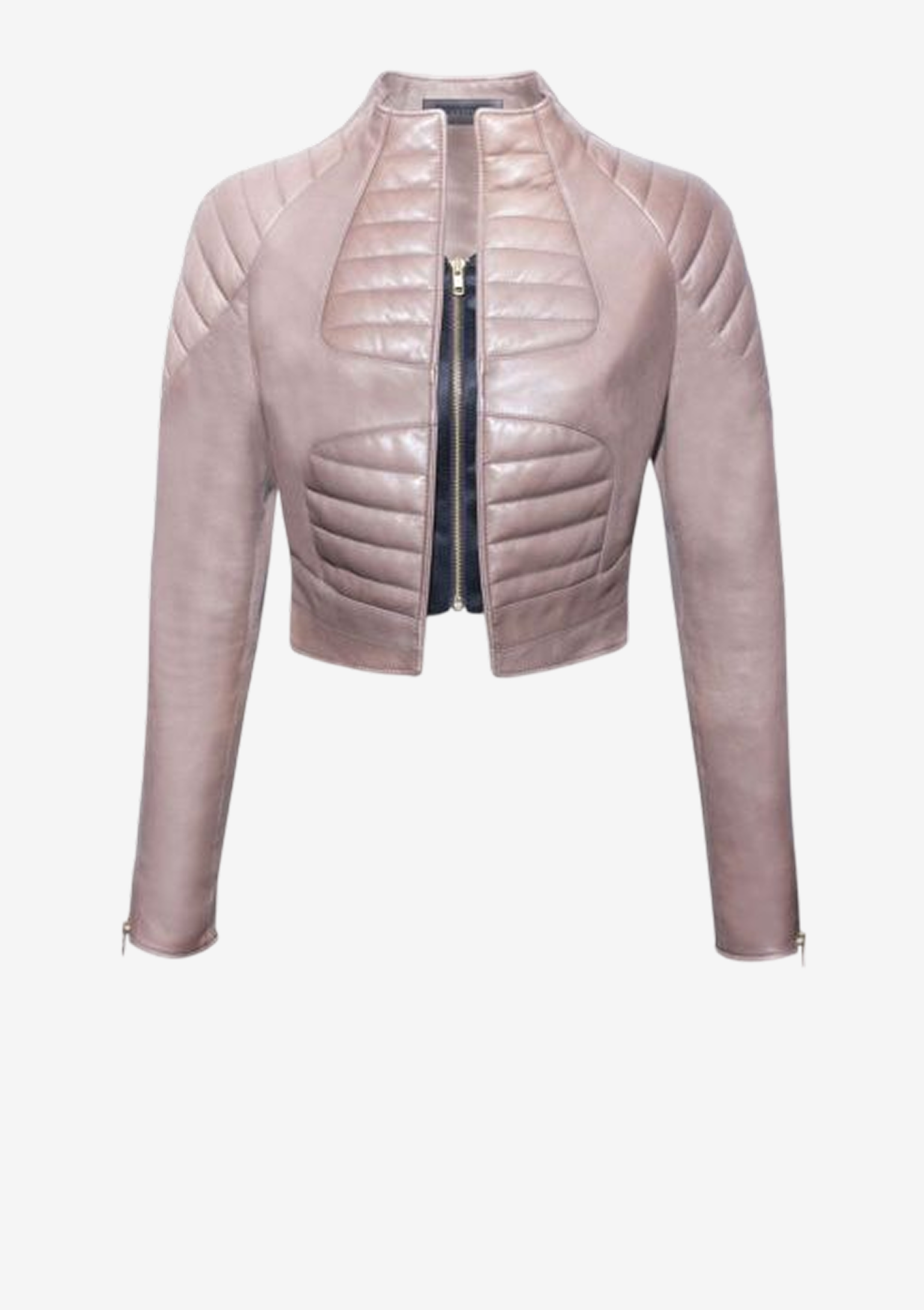 Mauvefarbene Cropped Leder Bomberjacke für Damen aus Lammleder mit plastischen Steppdetails, hohem Kragen und kurzer Silhouette von Designer Stefan Eckert