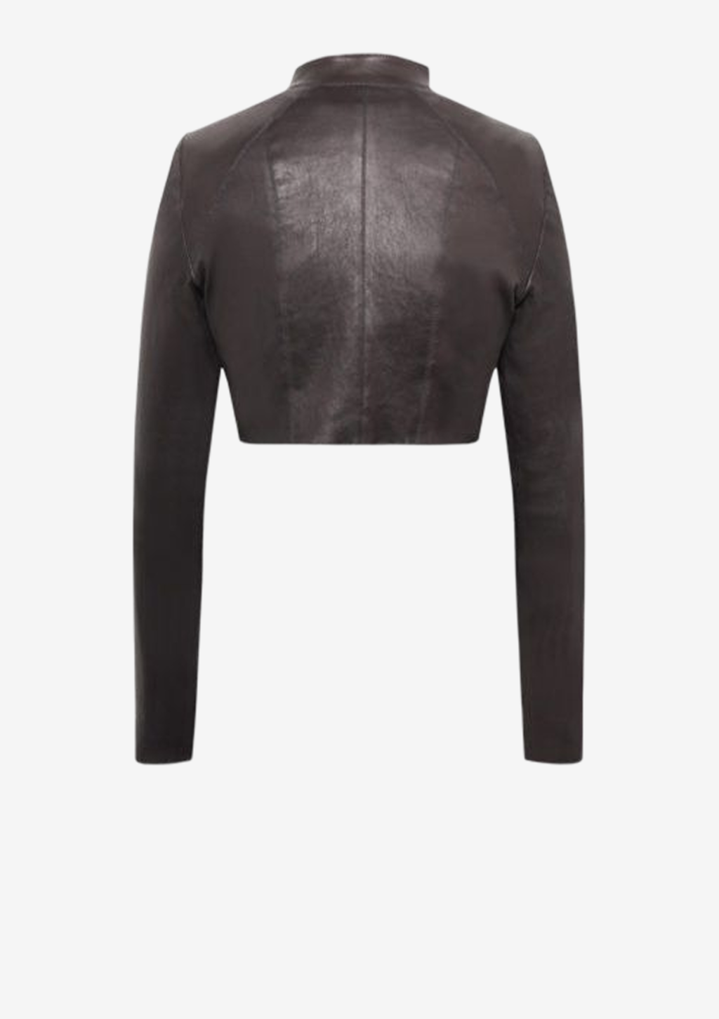Cropped Lederjacke für Damen aus schwarzem Stretch-Lammleder mit kurzer Silhouette, langen Ärmeln und markanter Kragenkonstruktion von Designer Stefan Eckert-Rückansicht.