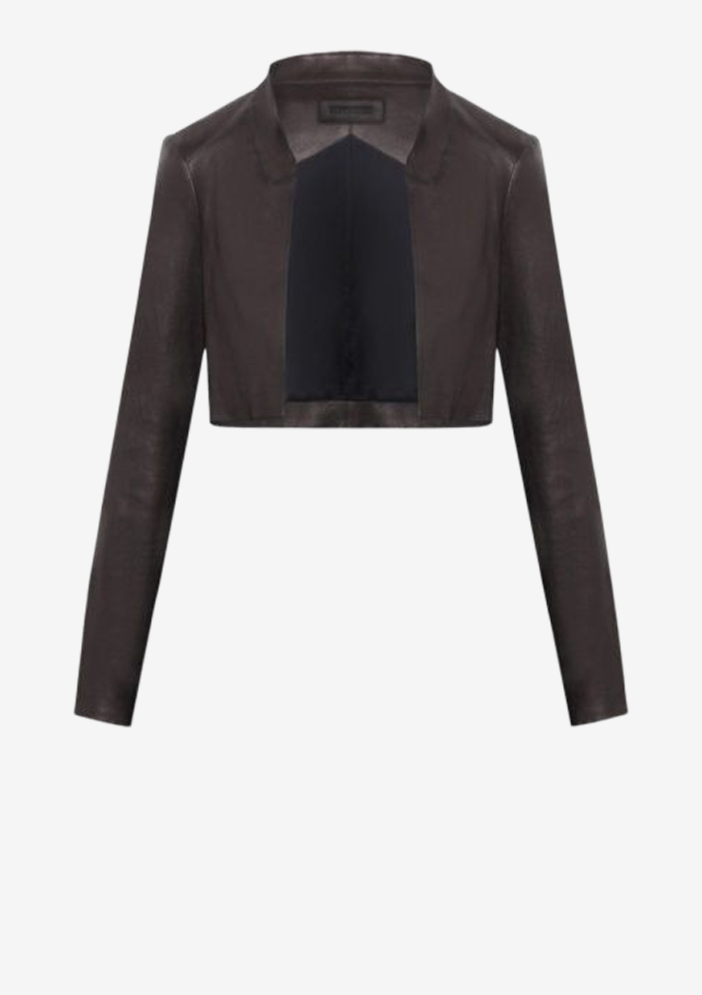 Cropped Lederjacke für Damen aus schwarzem Stretch-Lammleder mit kurzer Silhouette, langen Ärmeln und markanter Kragenkonstruktion von Designer Stefan Eckert.