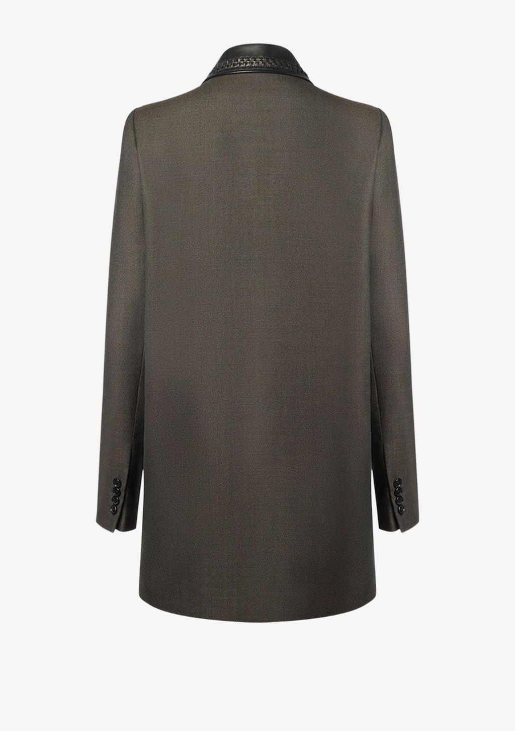 Bonnie Blazer, Doppelreihiger Blazer für Damen aus brauner feiner Wolle mit geflochtenem Lederkragen aus hochwertigem Lammleder von Designer Stefan Eckert. Erhältlich in Hamburg, London, New York, London und Paris. Double-breasted blazer for women made of brown fine wool with braided leather collar made of high quality lambskin by designer Stefan Eckert. Available in Hamburg, London, New York, London and Paris.
