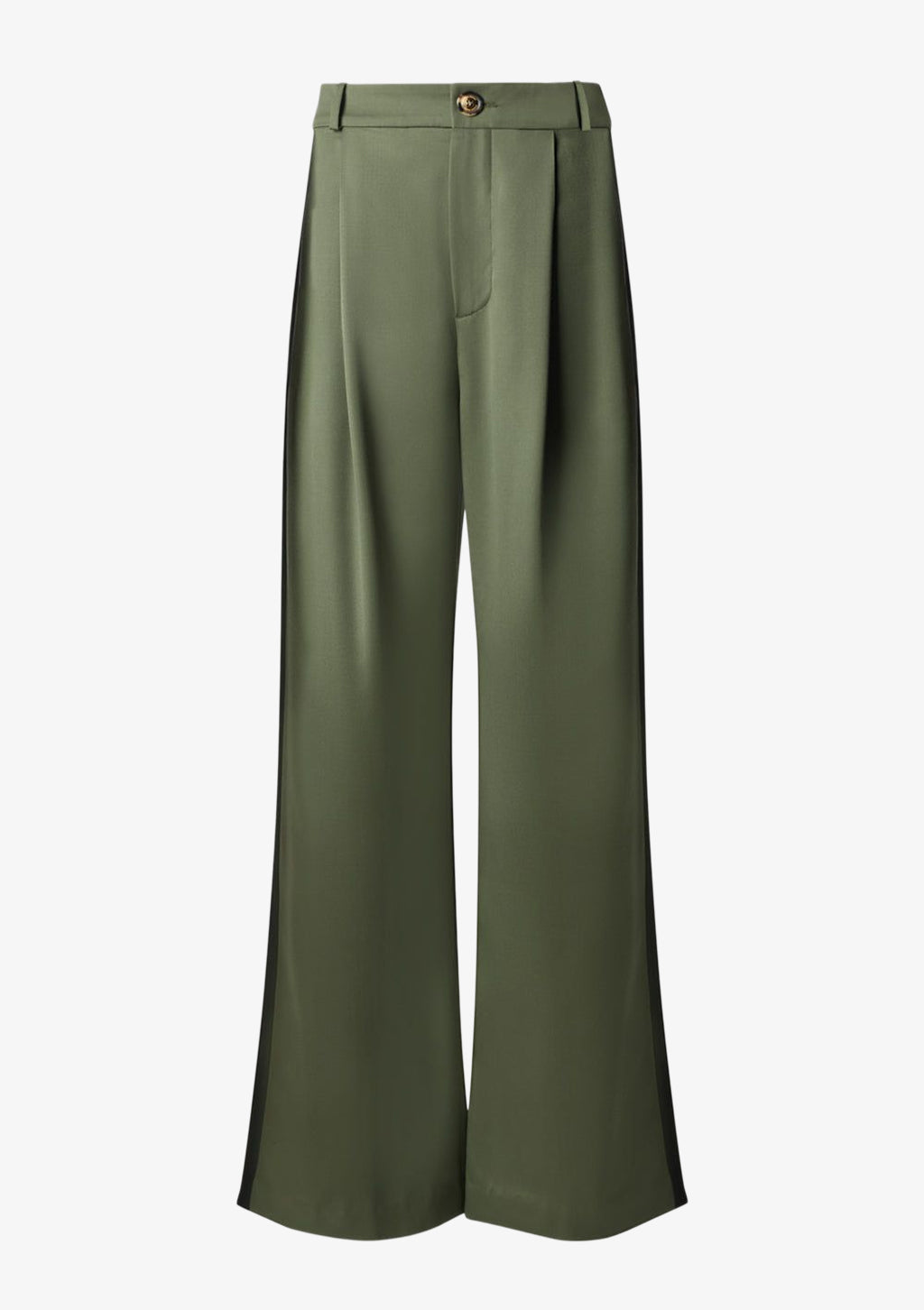 Anzughose Khaki mit Seitenstreifen aus feiner Wolle für Damen von Designer Stefan Eckert. Erhältlich in Hamburg, London, New York, London und Paris. Suit pants khaki with side stripes made of fine wool for women by designer Stefan Eckert. Available in Hamburg, London, New York, London and Paris.