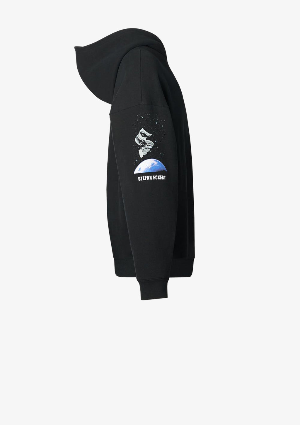 Designer Hoodie by Stefan Eckert, made of high quality organic cotton, color black, with angel of the universe digital print and Stefan Eckert embroidery, menswear Streetstyle. Available in two sizes.
