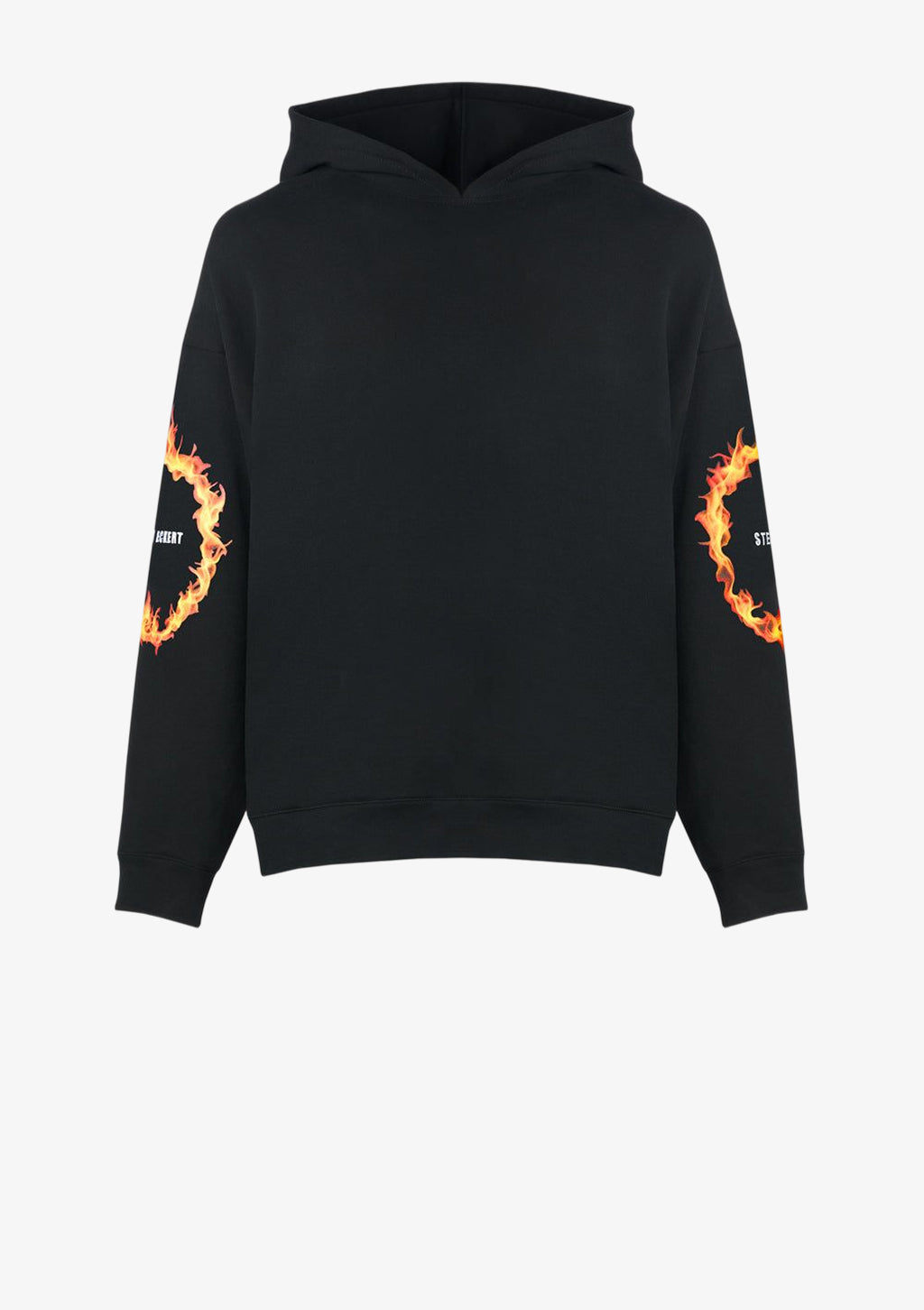 Designer Hoodie by Stefan Eckert, made of high quality organic cotton, color black, with ring of fire digital print and embroidery. For women. Available in two sizes.