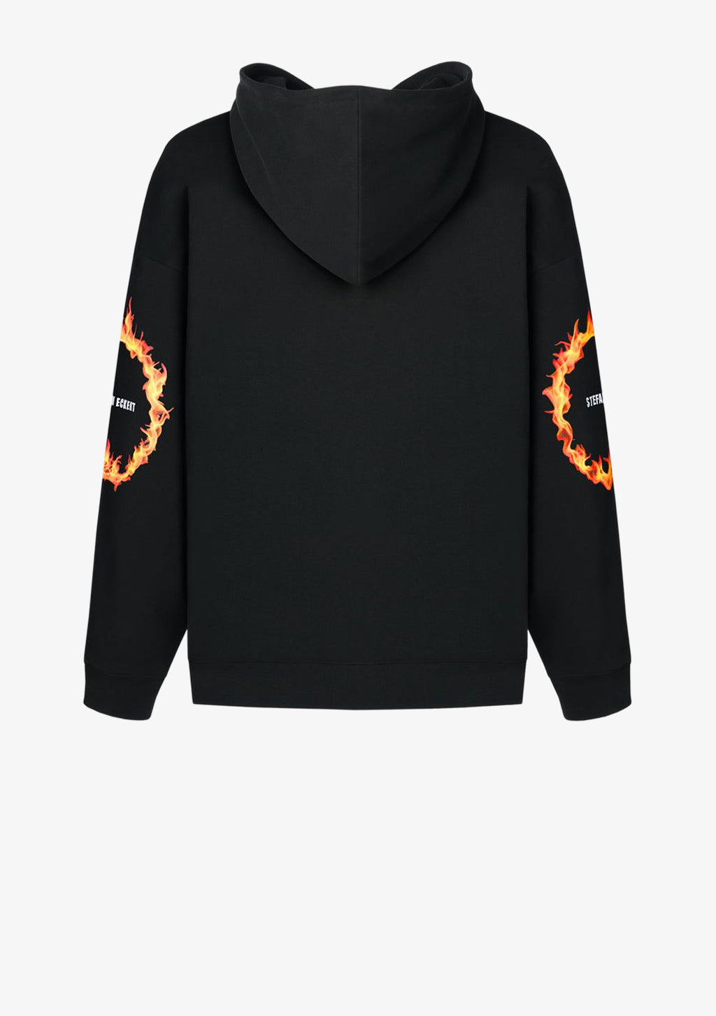 Designer Hoodie by Stefan Eckert, made of high quality organic cotton, color black, with ring of fire digital print and embroidery. For women. Available in two sizes.