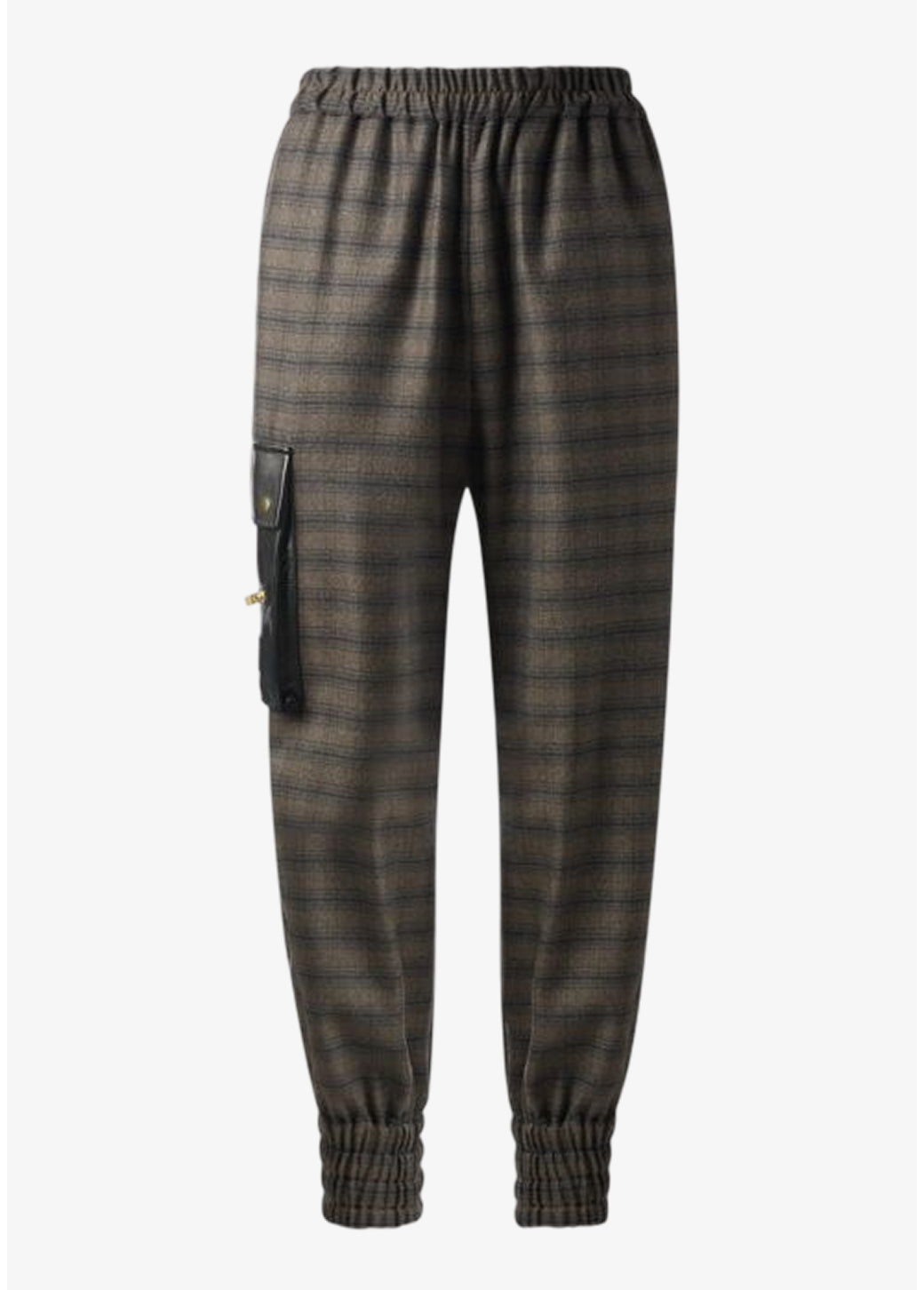 Karo Jogger Pants für Damen mit Gummizug und Leder-Seitentasche mit Logo-Stickerei von Designer Stefan Eckert. Gefertigt aus feiner Wolle. Erhältlich in Hamburg, London, New York, London und Paris. Checked jogger pants for women with elastic waistband and leather side pocket with logo embroidery by designer Stefan Eckert. Made of fine wool. Available in Hamburg, London, New York, London and Paris.