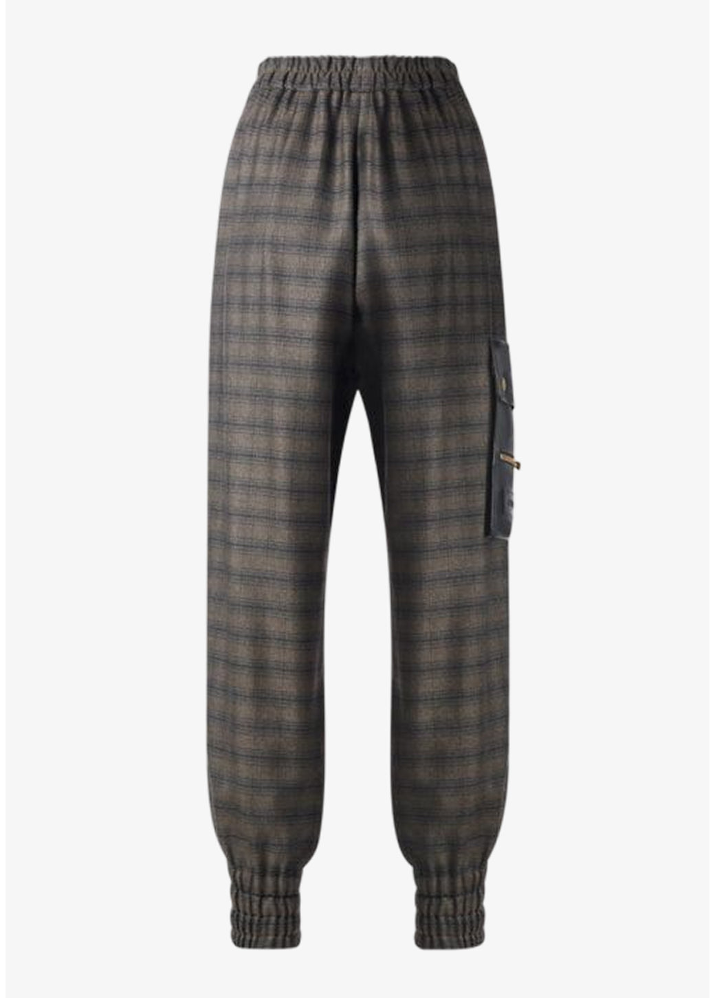 Karo Jogger Pants für Damen mit Gummizug und Leder-Seitentasche mit Logo-Stickerei von Designer Stefan Eckert. Gefertigt aus feiner Wolle. Erhältlich in Hamburg, London, New York, London und Paris. Checked jogger pants for women with elastic waistband and leather side pocket with logo embroidery by designer Stefan Eckert. Made of fine wool. Available in Hamburg, London, New York, London and Paris.