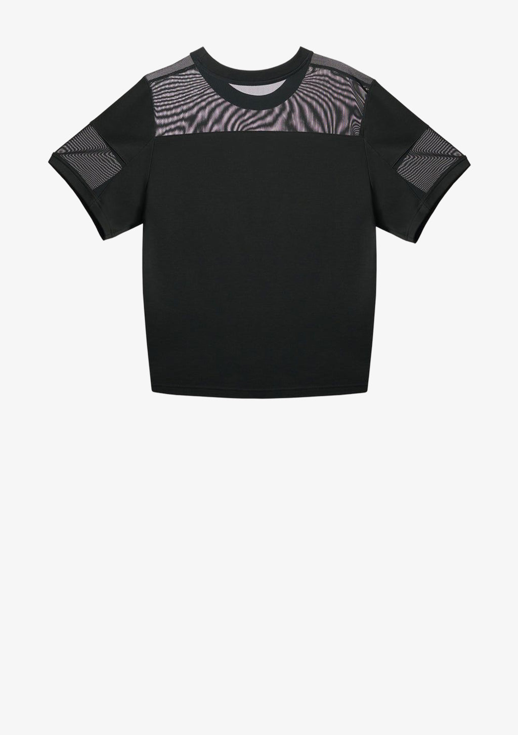 Luxus Designer-T-Shirt für Damen von Stefan Eckert im Football-Style mit transparenten Mesh-Einsätzen an Schultern und Ärmeln. Veredelt mit einer hochwertigen Stickerei des markanten Double-E Logos als charakteristische Signatur der Marke.