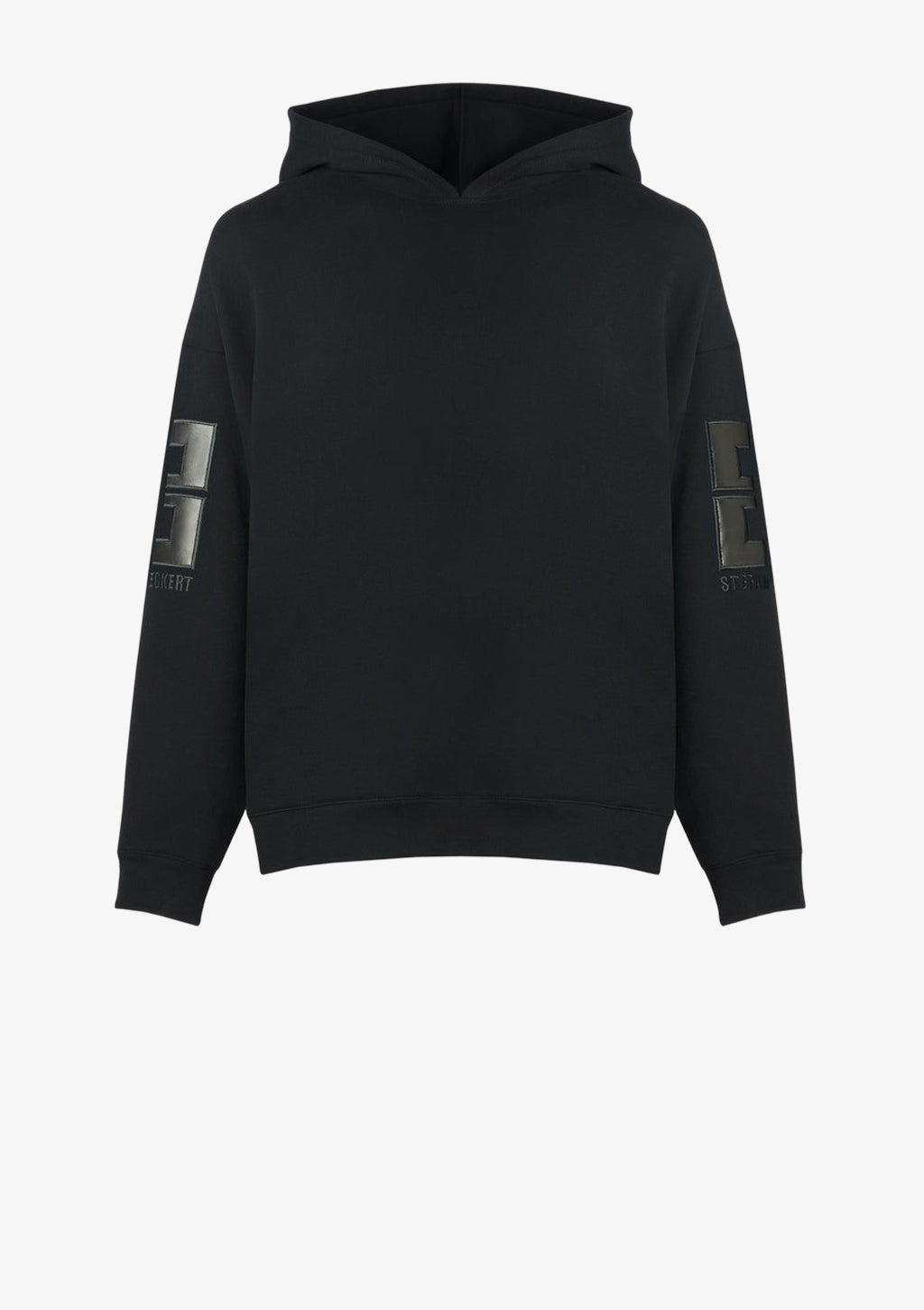 Designer Zip Hoodie by Stefan Eckert, made of high quality organic cotton, color black, with leather embroidery and gold zipper. Menswear. Available in two sizes.