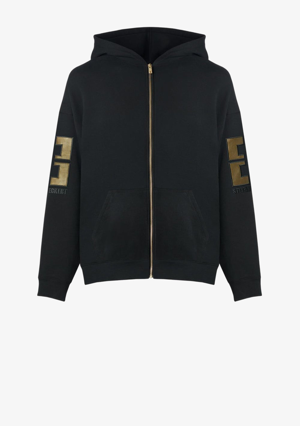 Designer Zip Hoodie by Stefan Eckert, made of high quality organic cotton, color khaki, with leather embroidery and gold zipper. Menswear. Available in two sizes.
