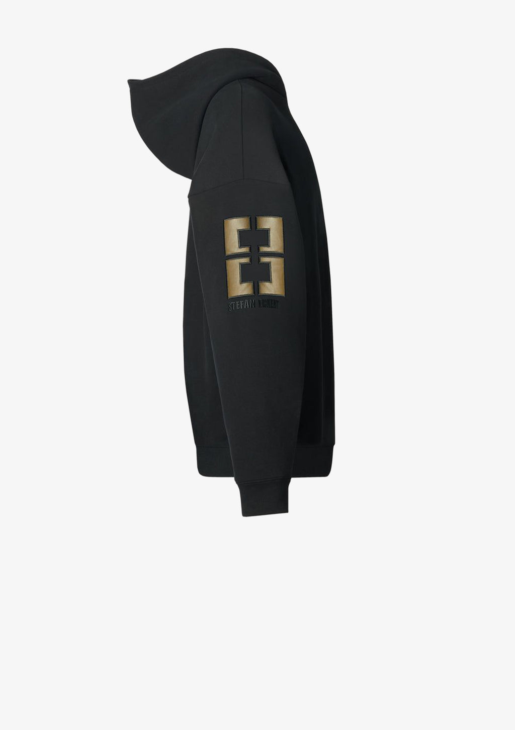 Designer Zip Hoodie by Stefan Eckert, made of high quality organic cotton, color khaki, with leather embroidery and gold zipper. Menswear. Available in two sizes.