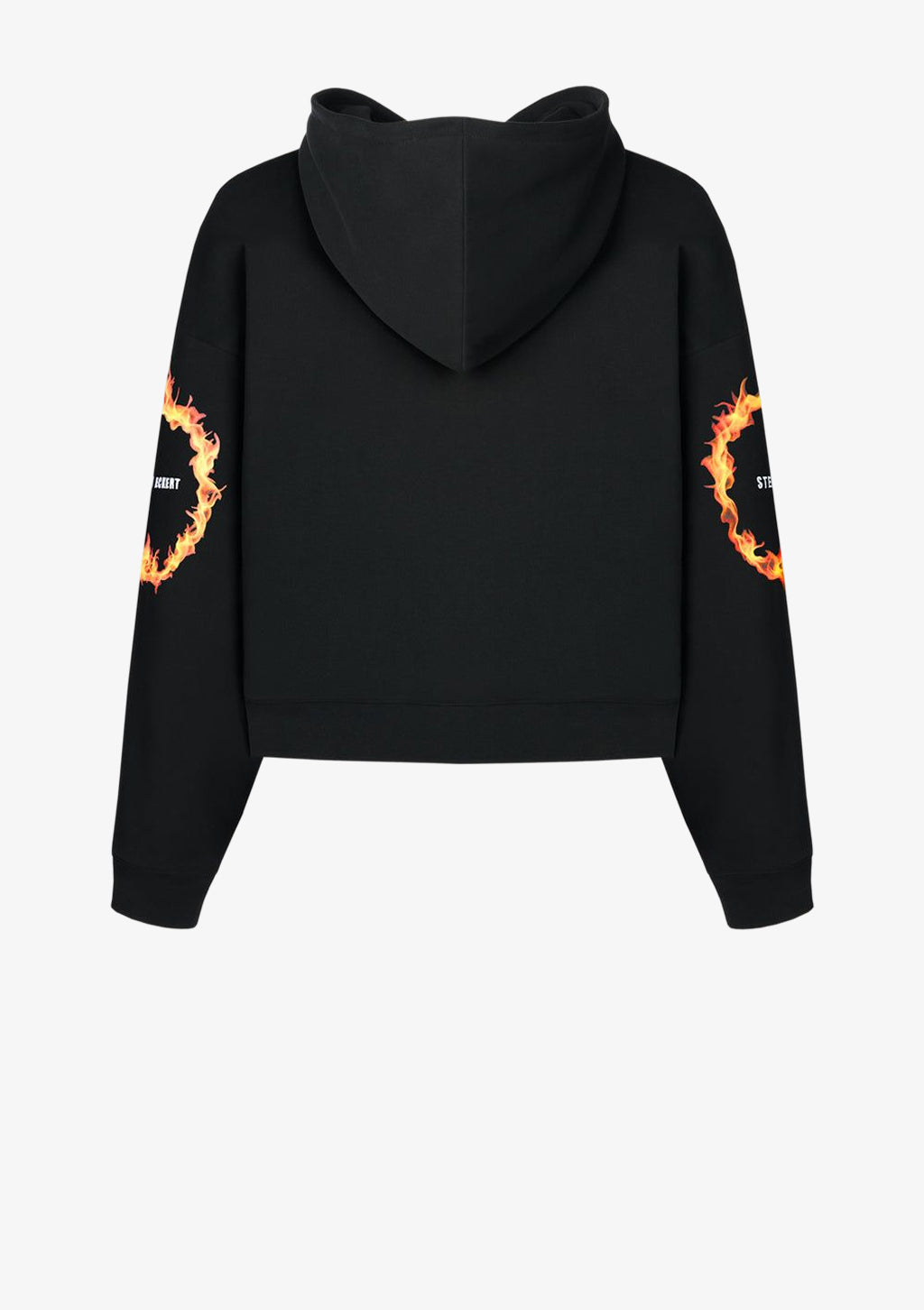 Designer Hoodie by Stefan Eckert, made of high quality organic cotton, color black, with ring fire digital print on sleeves. For women. Available in two sizes.