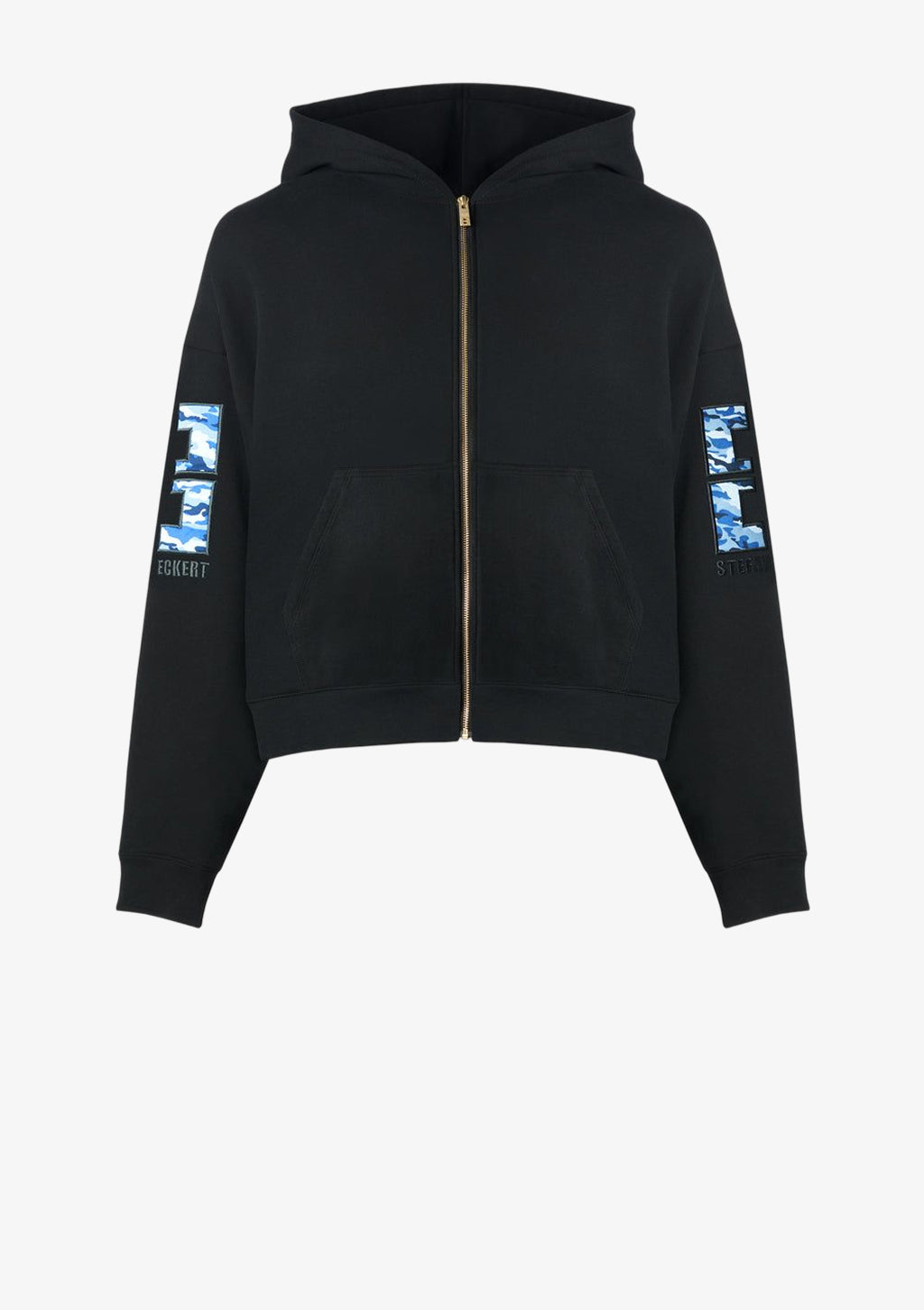 Designer Hoodie by Stefan Eckert, made of high quality organic cotton, color black, with camouflage embroidery on sleeves. For women. Available in two sizes.