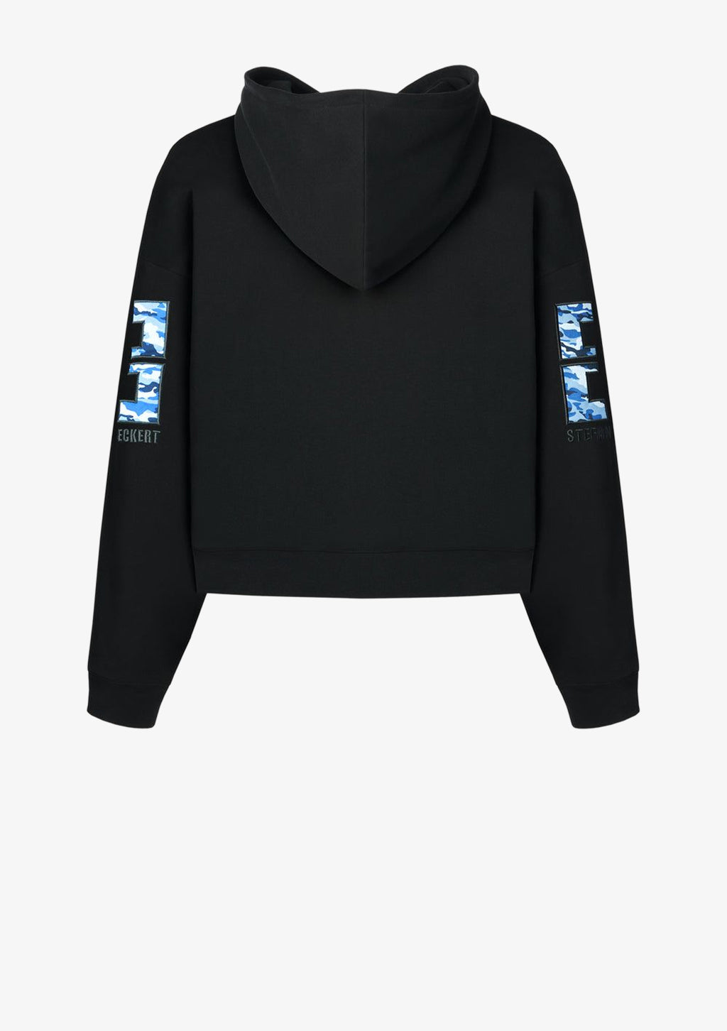 Designer Hoodie by Stefan Eckert, made of high quality organic cotton, color black, with camouflage embroidery on sleeves. For women. Available in two sizes.