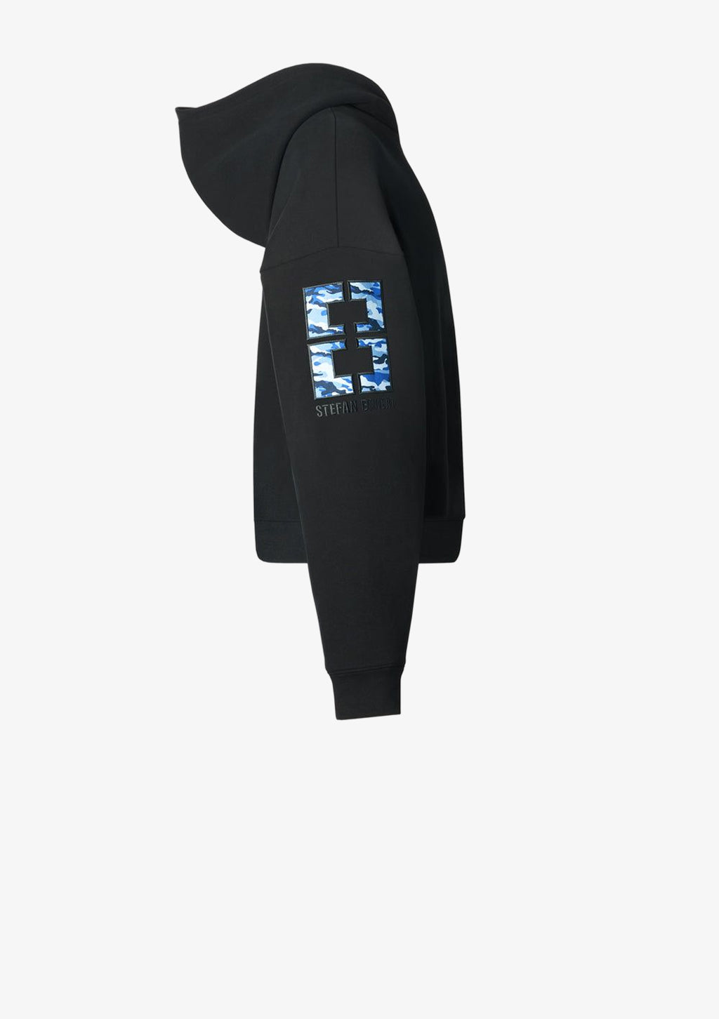 Designer Hoodie by Stefan Eckert, made of high quality organic cotton, color black, with camouflage embroidery on sleeves. For women. Available in two sizes.