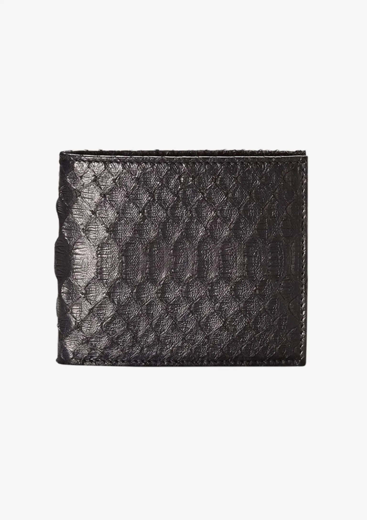 Designer Cardholder für Herren aus schwarzem Pythonleder mit charakteristischer Schuppenstruktur und klassischem Klappdesign.
