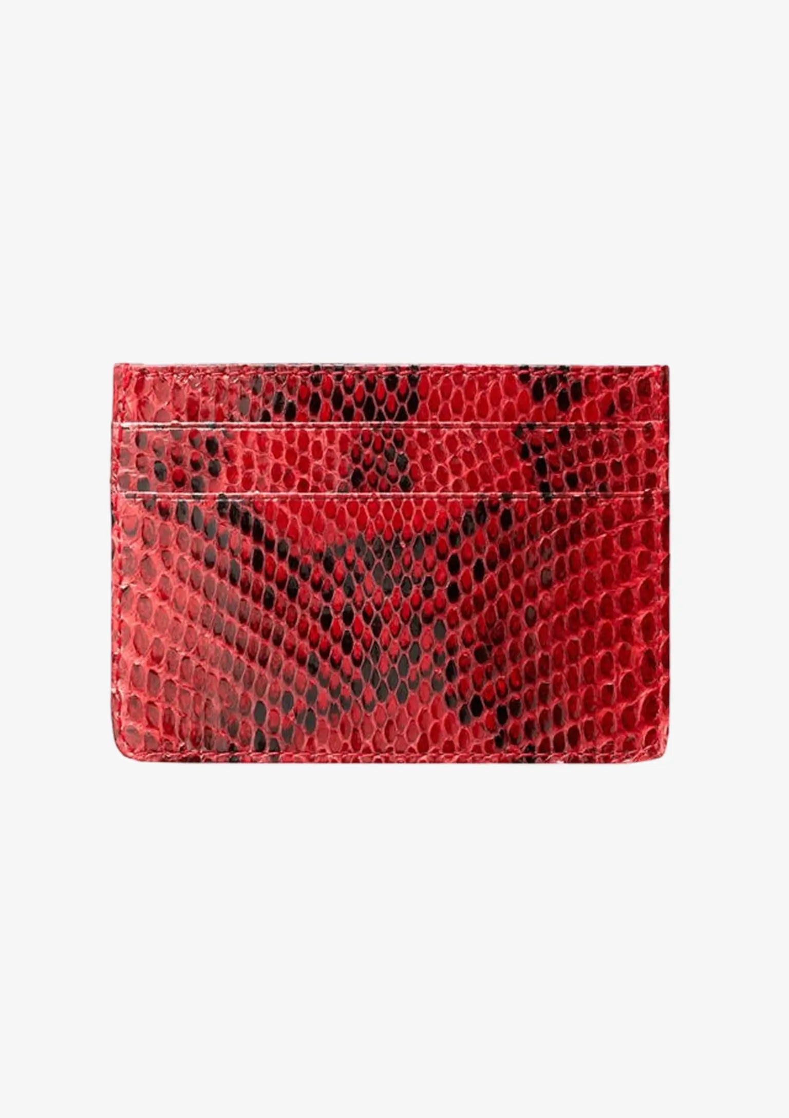 Designer Cardholder aus rotem Pythonleder mit mehreren Kartenfächern und charakteristischer Schuppenstruktur