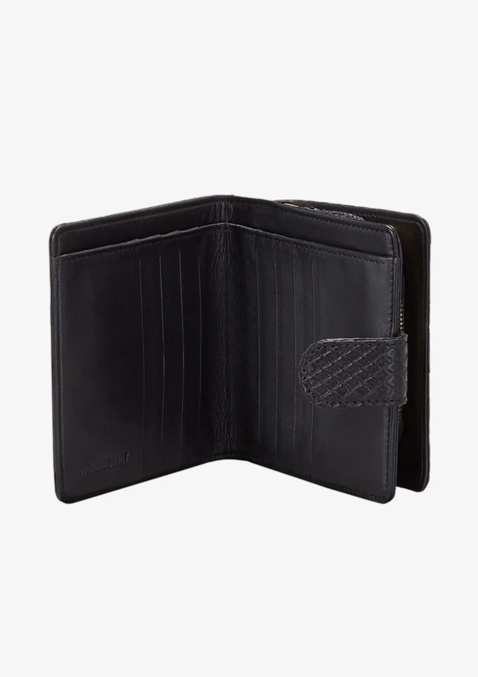 Designer Compact Wallet aus schwarzem Pythonleder mit Kartenfächern und hochwertigem Innenleben aus Lammleder.
