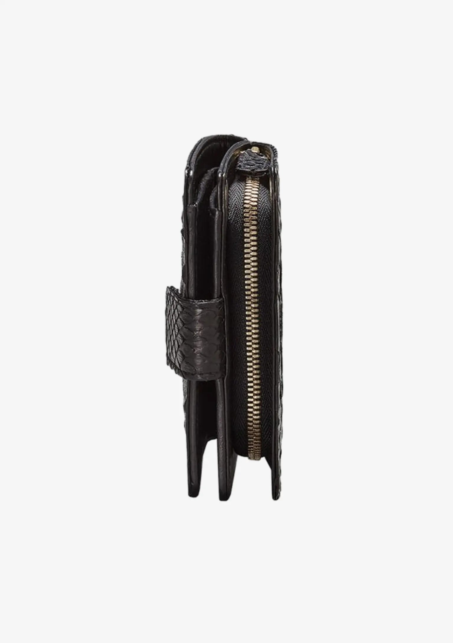 Designer Compact Wallet aus schwarzem Pythonleder in kompakter Seitenansicht mit Verschlussriegel und mehreren Innenfächern.