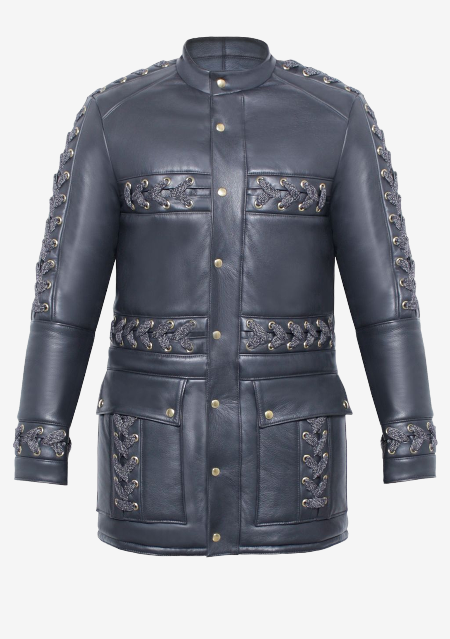 Schwarze Designer Leder-Steppjacke aus Hirschleder für Herren von Stefan Eckert mit Stehkragen, Metallknöpfen und aufwendigen Schnürdetails an Front und Ärmeln.