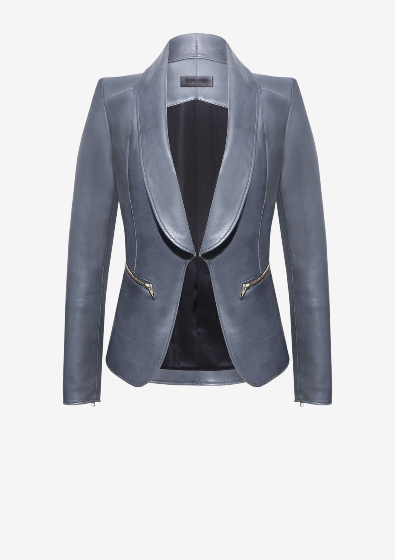 Designer Lederblazer für Damen aus feinem Lammleder in Schiefergrau von Stefan Eckert.. Taillierter Lederblazer mit Schalkragen und präziser Schnittführung, Made in Germany.