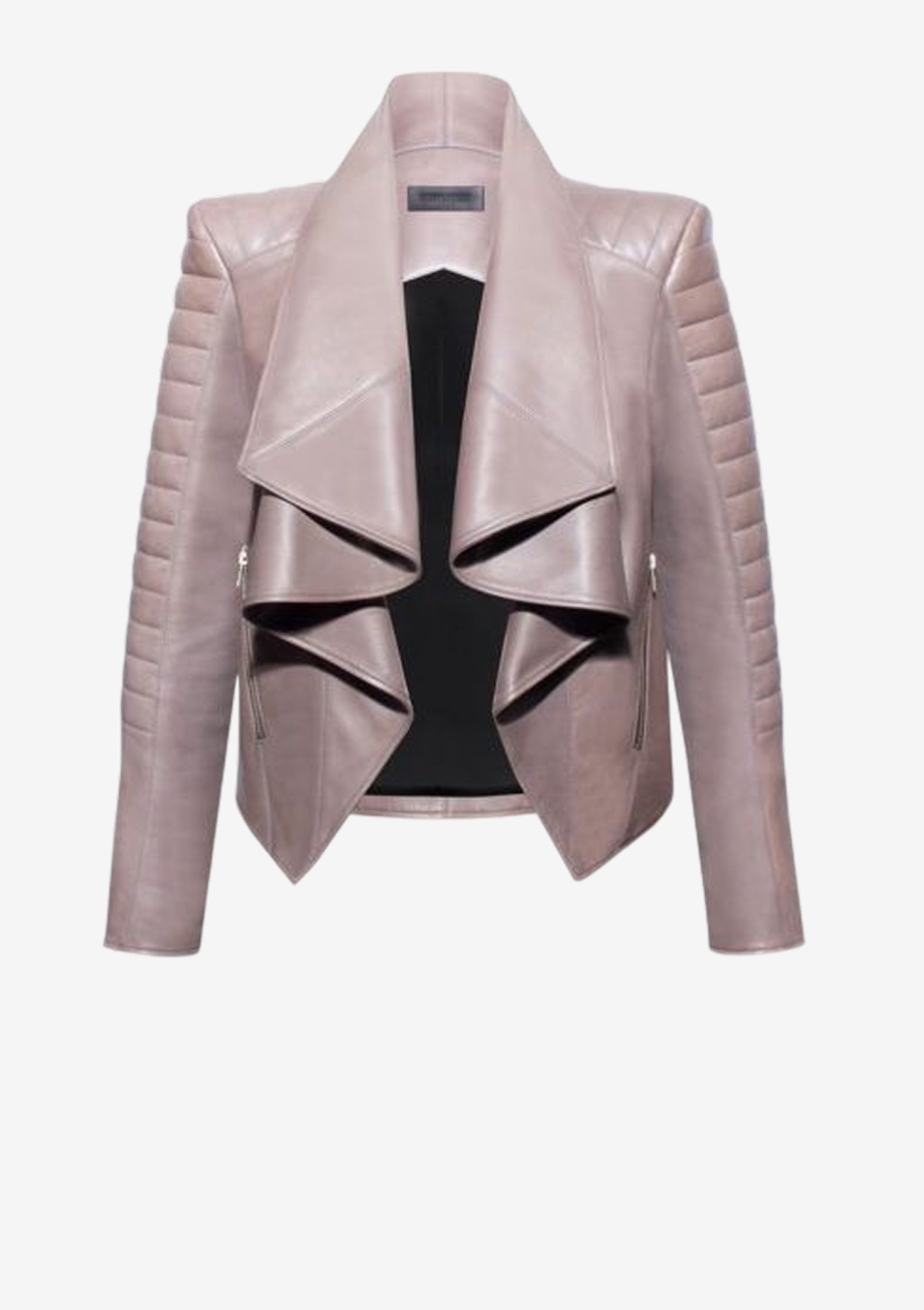 Designer Lederjacke für Damen in Mauve mit Volantkragen und Bikersteppungen an den Ärmeln von Stefan Eckert
