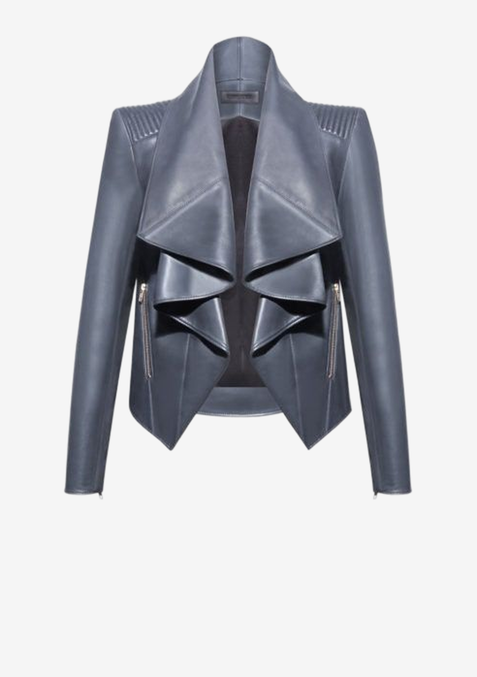 Schiefergraue Designer Lederjacke für Damen mit Volantkragen und feinen Steppungen an den Schultern von Stefan Eckert
