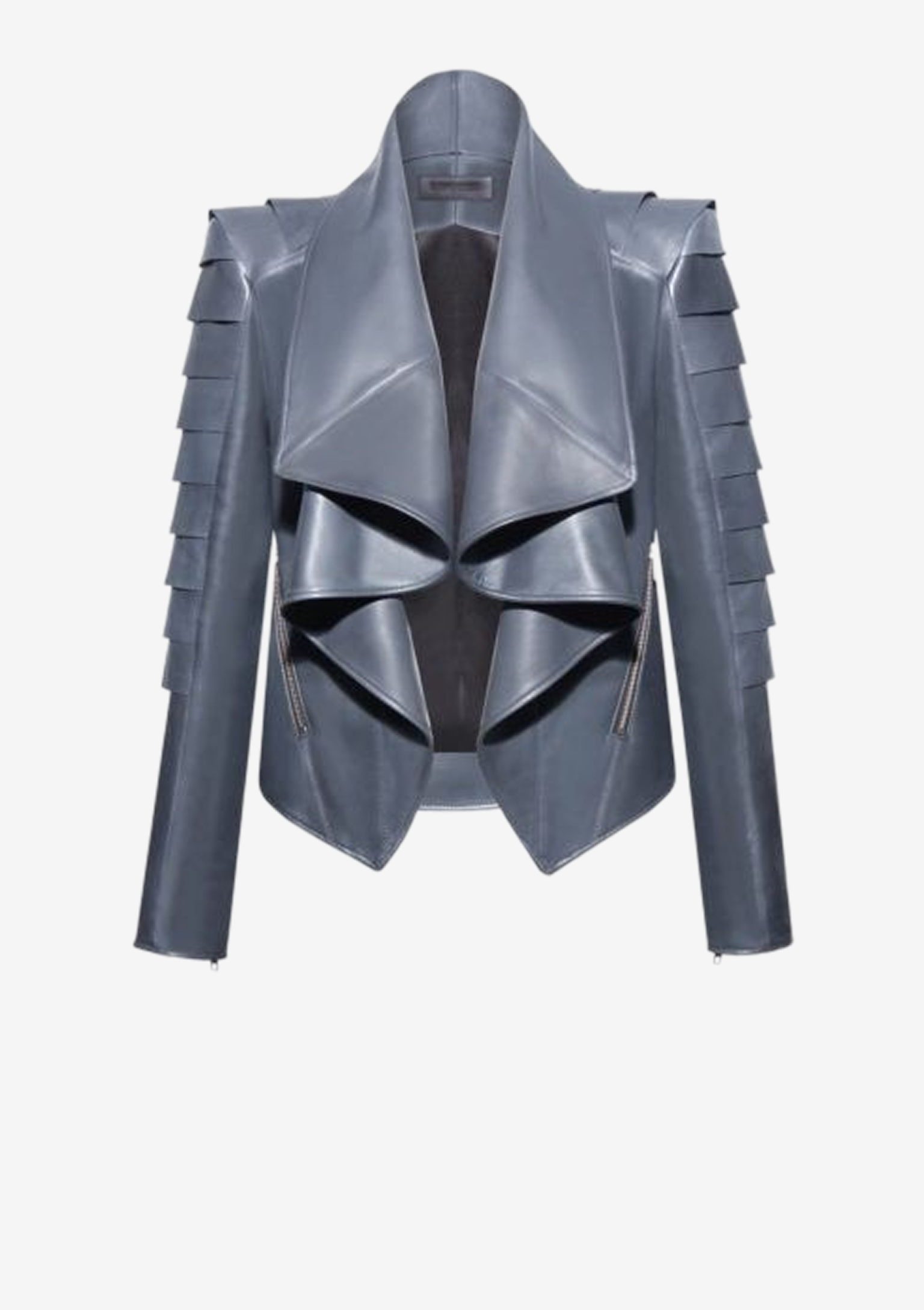 Schiefergraue Designer Lederjacke für Damen mit Volantkragen und schuppenartigen Lederapplikationen an den Ärmeln