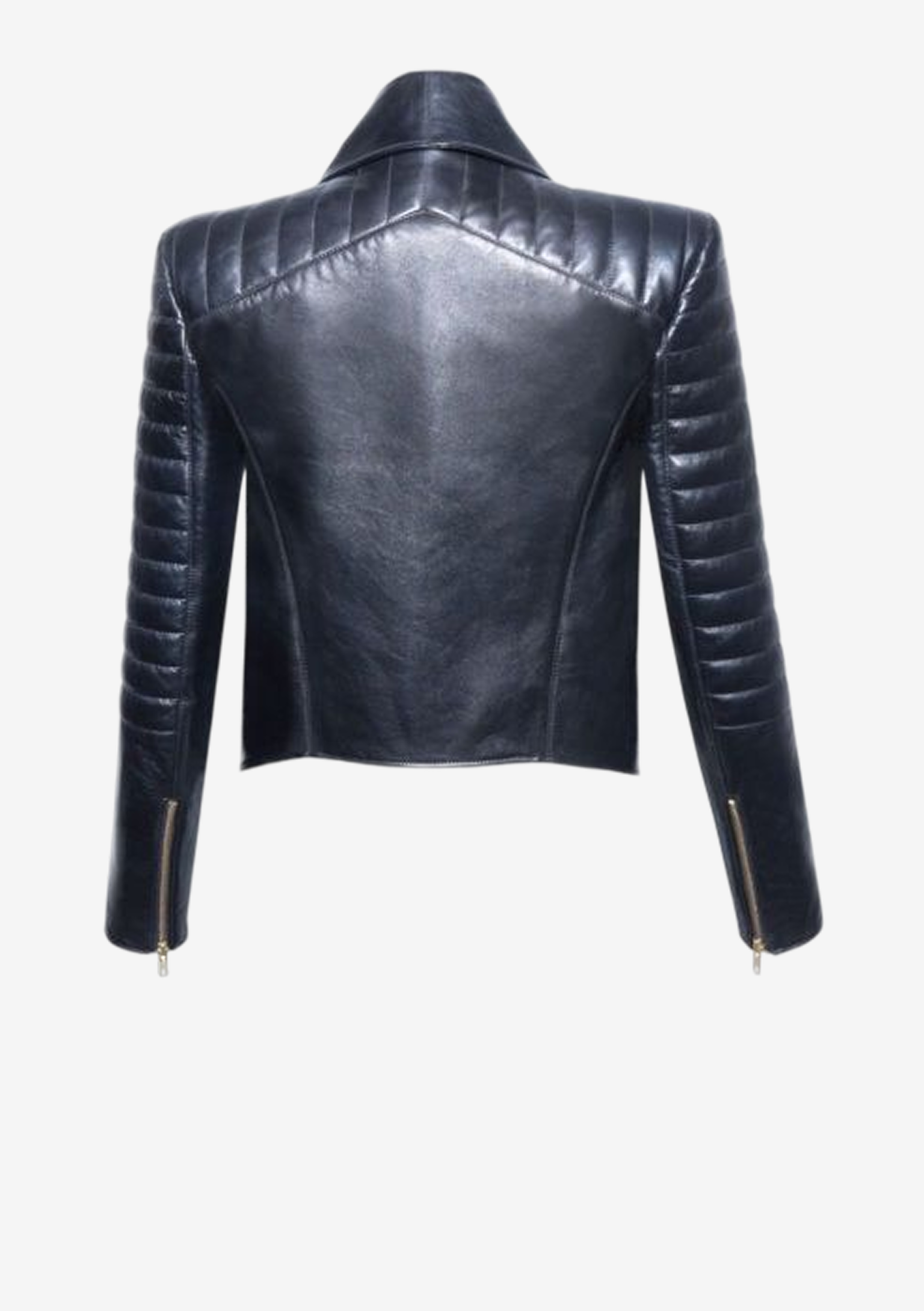 Rückansicht der schwarzen Designer Lederjacke für Damen mit Volantkragen und markanten Bikersteppungen an Schultern und Ärmeln von Stefan Eckert