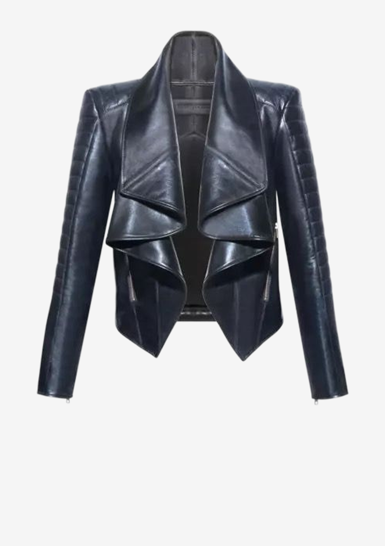 Schwarze Designer Lederjacke für Damen mit Volantkragen und markanten Bikersteppungen an Schultern und Ärmeln von Stefan Eckert