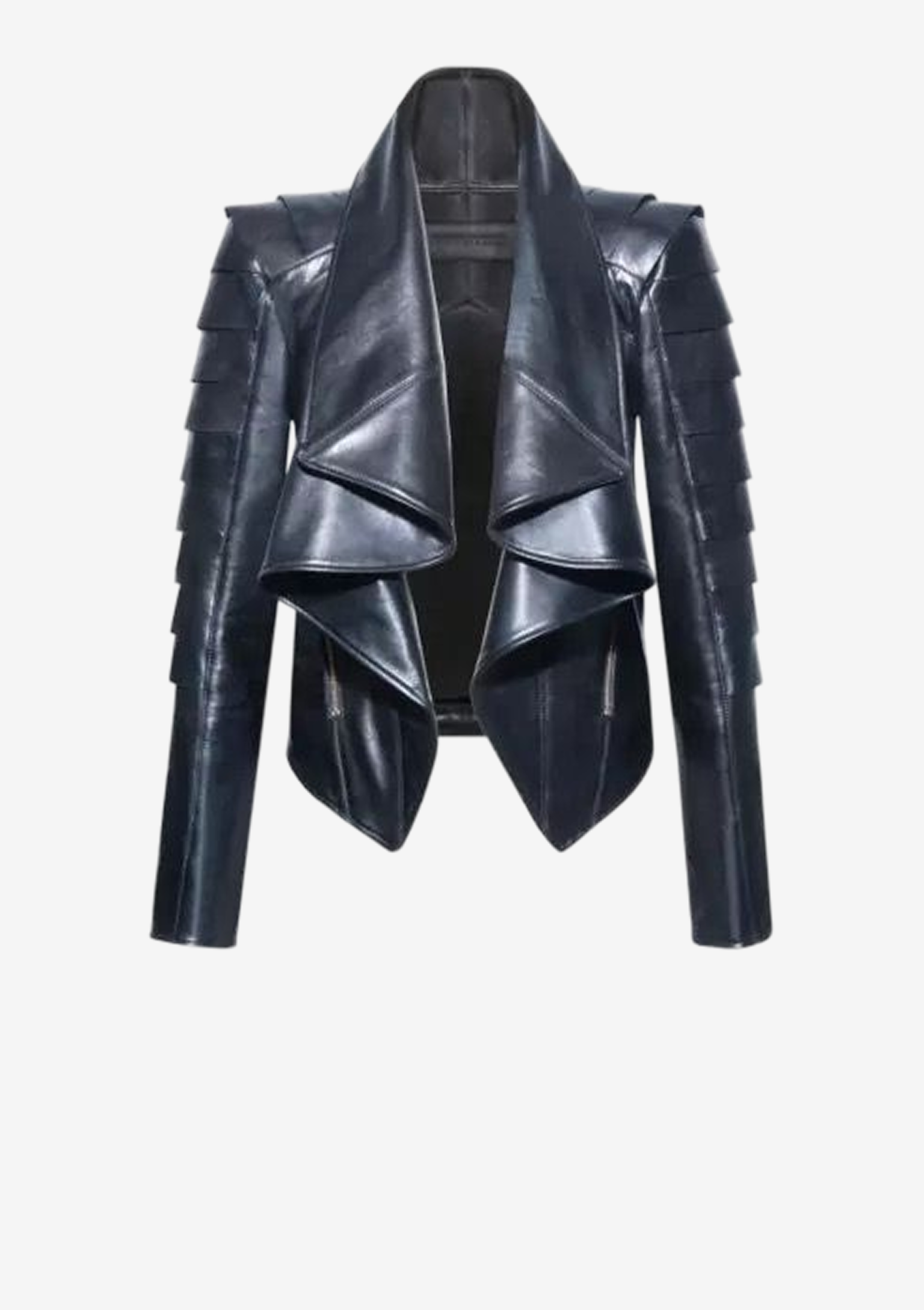 Schwarze Designer Lederjacke für Damen mit Volantkragen und schuppenartigen Lederapplikationen an den Ärmeln von Stefan Eckert