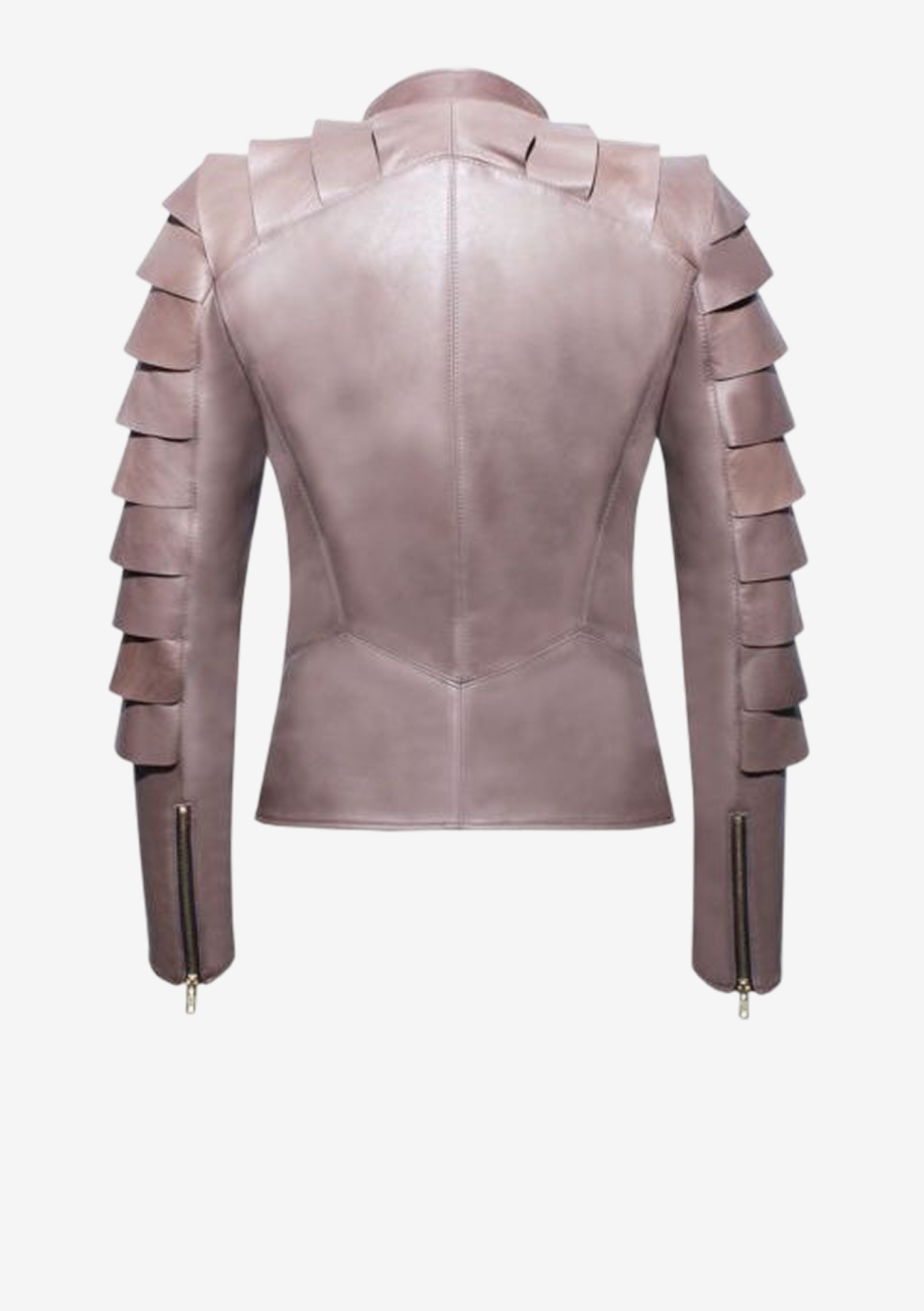 Rückansicht mauvefarbene Designer Lederjacke für Damen aus Lammleder mit dreidimensionalen Schuppenärmeln und asymmetrischem Frontreißverschluss von Stefan Eckert.