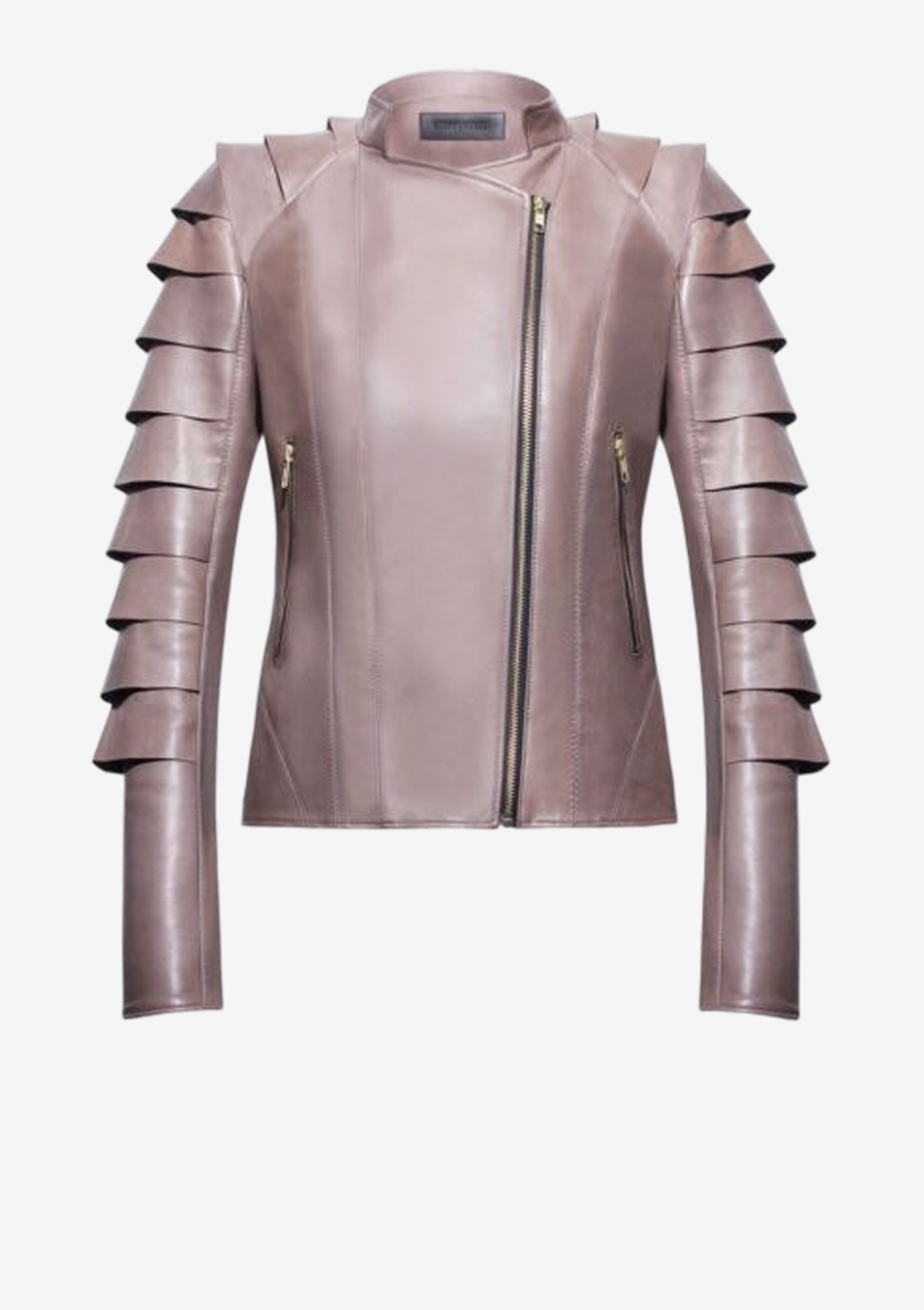 Mauvefarbene Designer Lederjacke für Damen aus Lammleder mit dreidimensionalen Schuppenärmeln und asymmetrischem Frontreißverschluss