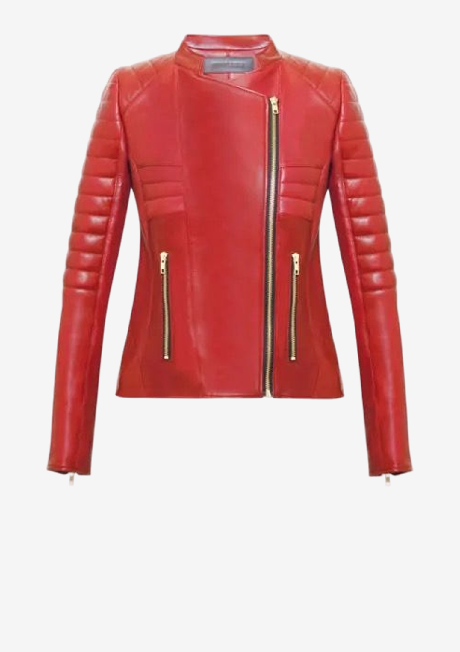 Rote Designer Lederjacke für Damen aus französischem Lammleder mit charakteristischer Rückensteppung, Bikerdetails und körpernaher Passform von Stefan Eckert.