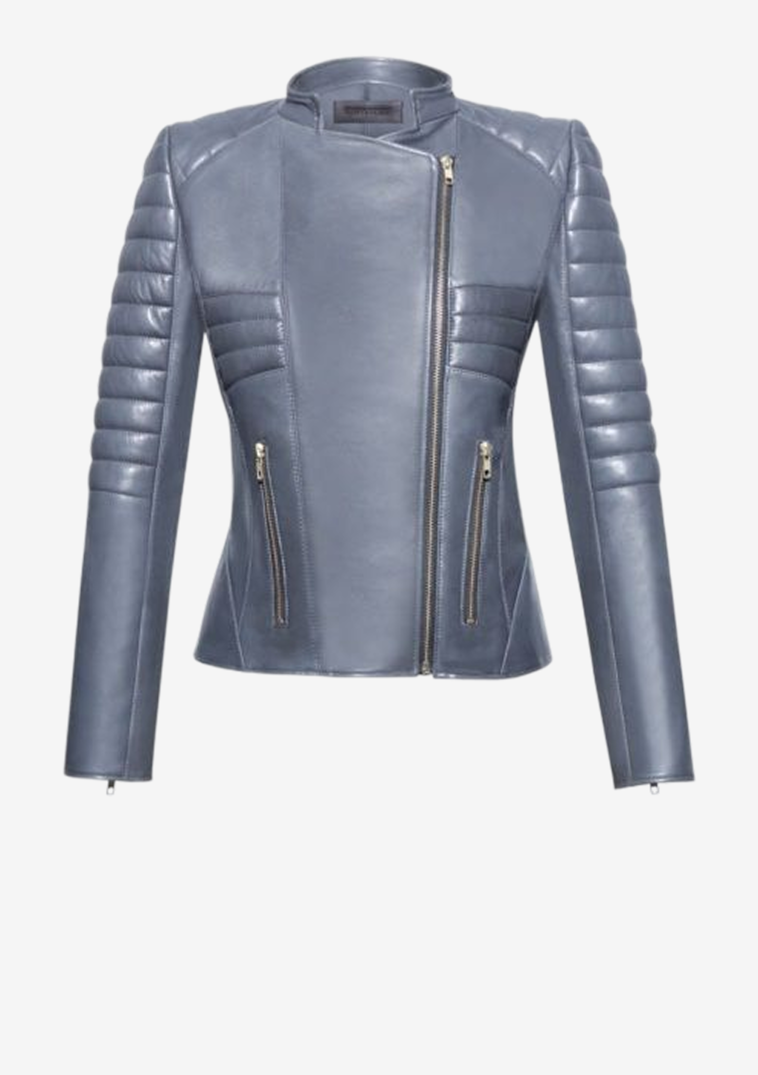 Schiefergraue  Designer Lederjacke für Damen aus französischem Lammleder mit Bikersteppungen und körpernaher Passform von Stefan Eckert.