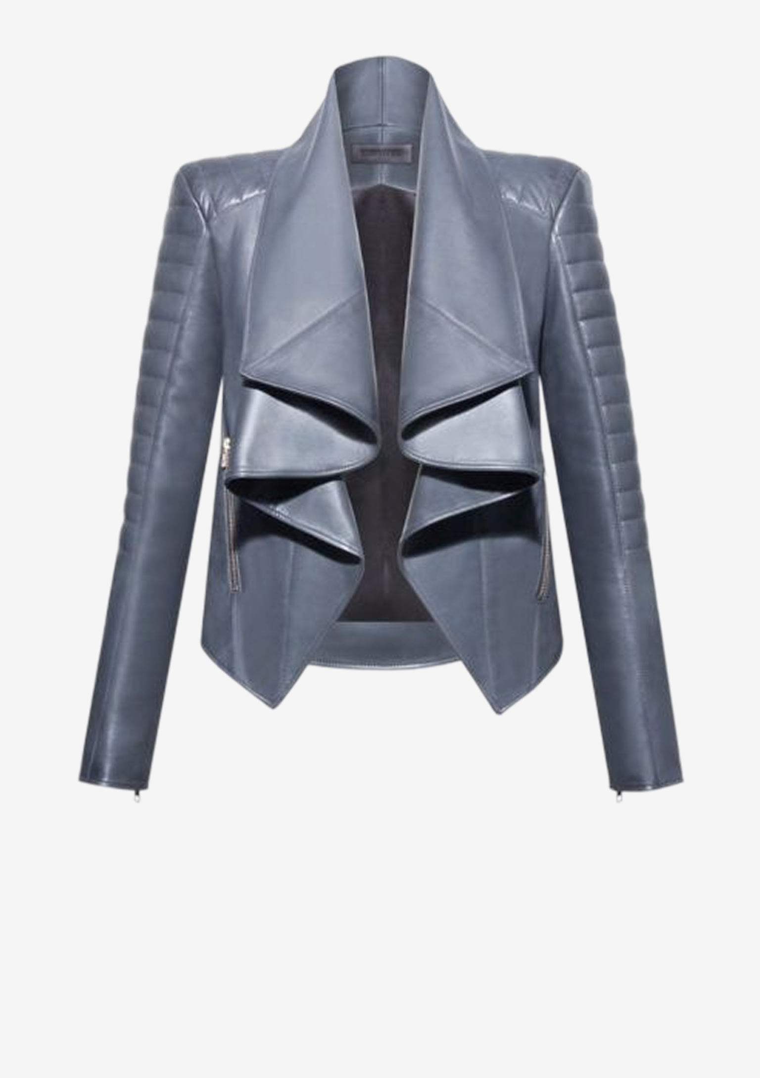 Schiefergraue Designer Lederjacke für Damen aus Lammleder mit Volantkragen und Bikersteppungen an Schultern und Ärmeln von Stefan Eckert